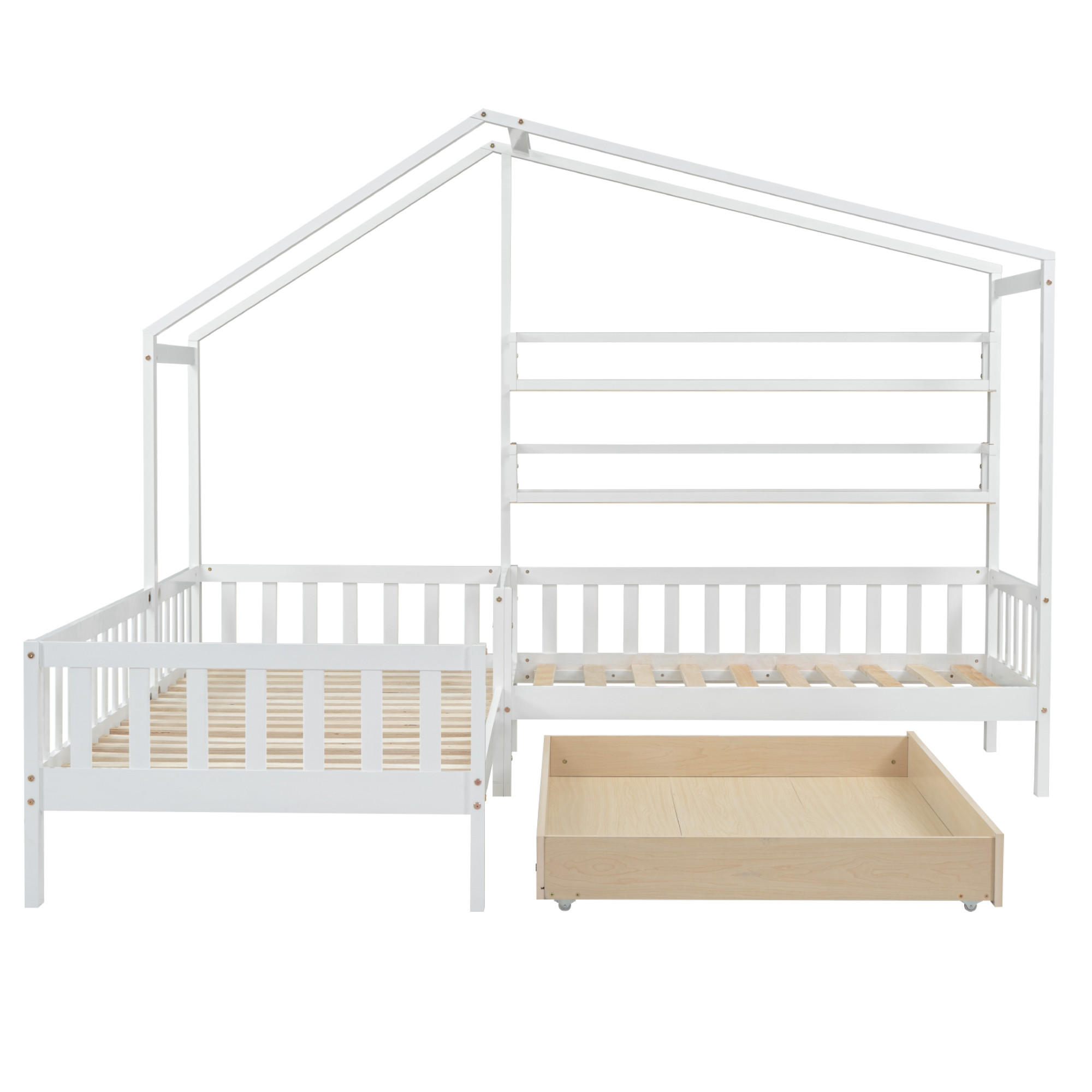 HAUSBETT 90x200 cm, mit Tisch, Kleiderschrank, Schutzgitter & 4-stufiger Leiter, Holz, weiß - Weiß, Holz (94/200cm)
