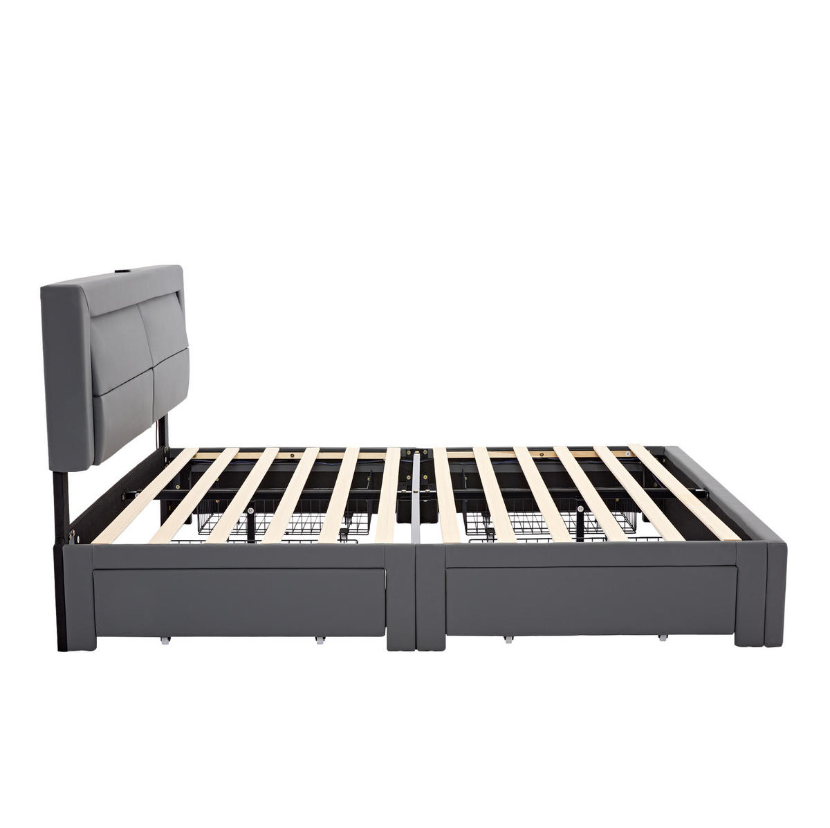 POLSTERBETT aus PU 140x190 cm Grau mit LED-Beleuchtung, USB-Anschluss, kabellosem Laden und 4 Schubladen - Grau, Kunststoff (140/190cm) - Modfu