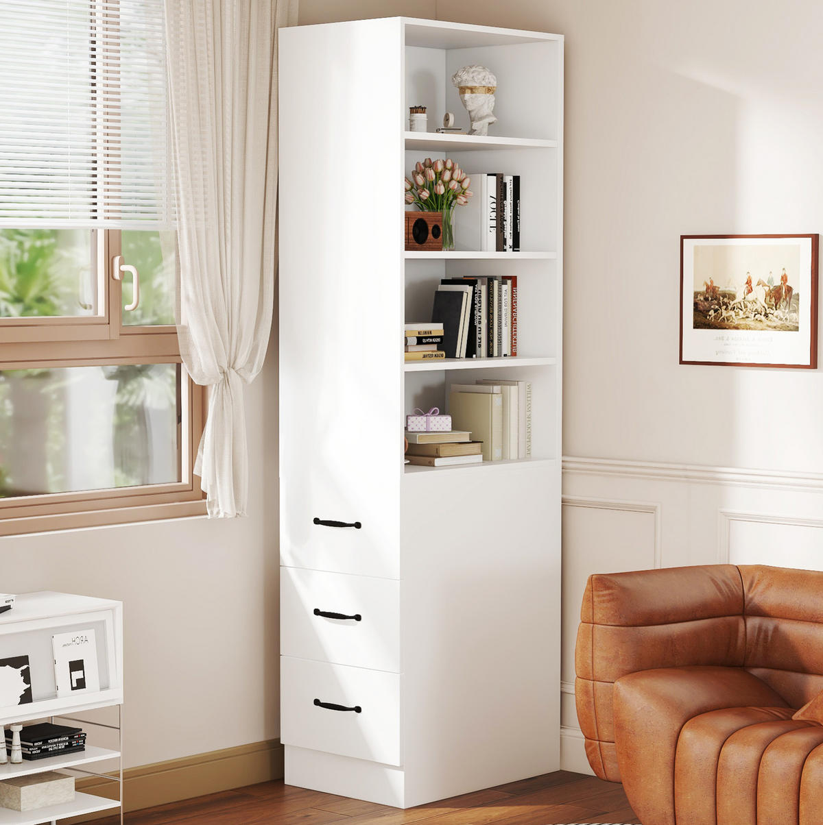 HIGHBOARD mit Schubladen 60/38/180 cm in Weiß – schmal mit viel Stauraum - Weiß, Holzwerkstoff (60/180/38cm) - BEAOK