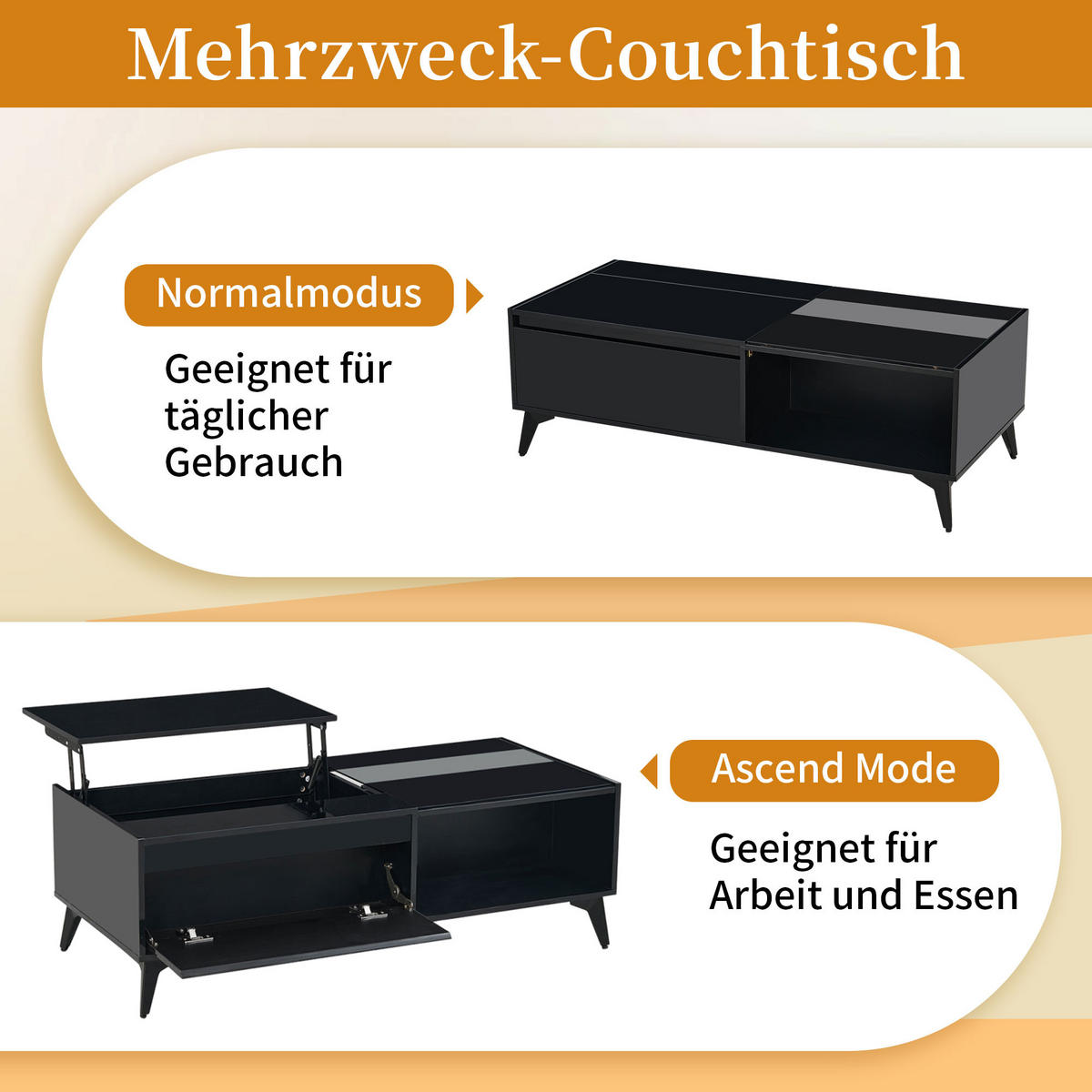 COUCHTISCH 110/50/48 cm Schwarz Hochglanz mit Hebemechanismus und Stauraum - Schwarz, Holzwerkstoff (110/50/48cm) - OKWISH