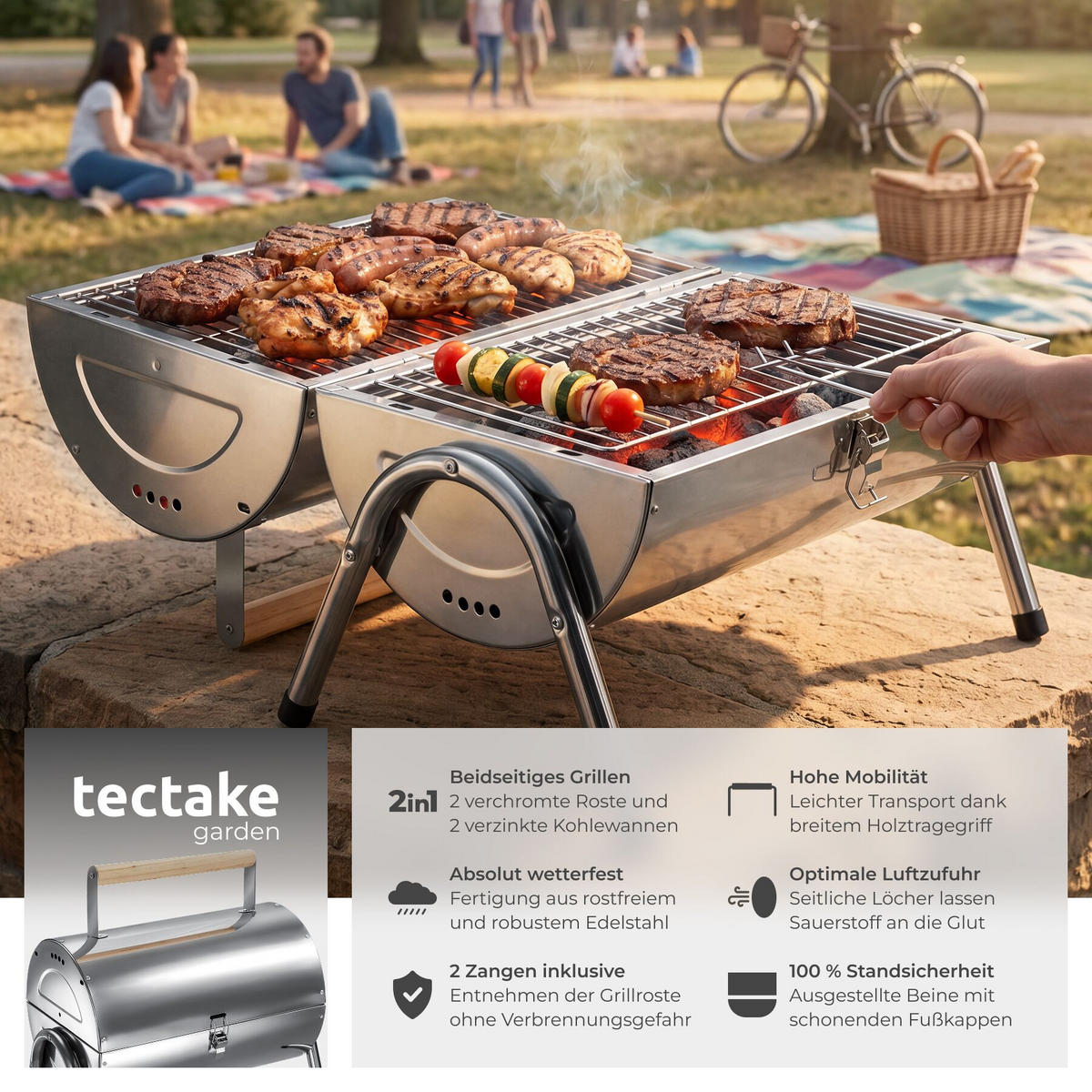EDELSTAHLGRILL , 42 x 30,5 x 44 cm, schwarz - Schwarz, Metall (42/44/30.5cm) - tectake