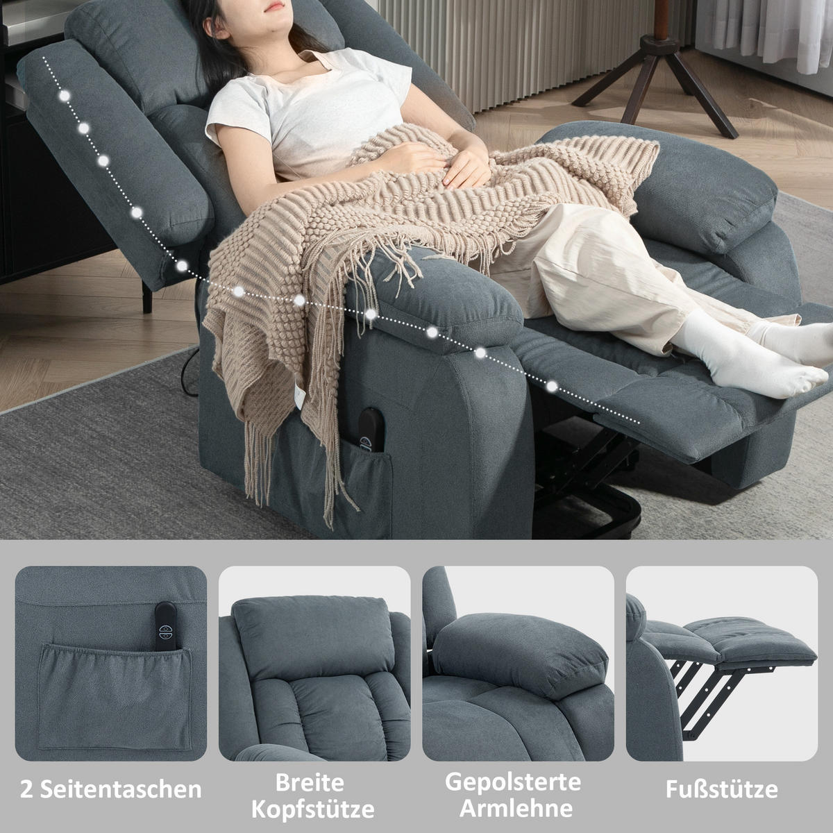 RELAXSESSEL mit Aufstehhilfe Elektrisch Fernsehsessel mit Liegefunktion Samt - Grau, Kunststoff (92/105/94cm) - HOMCOM