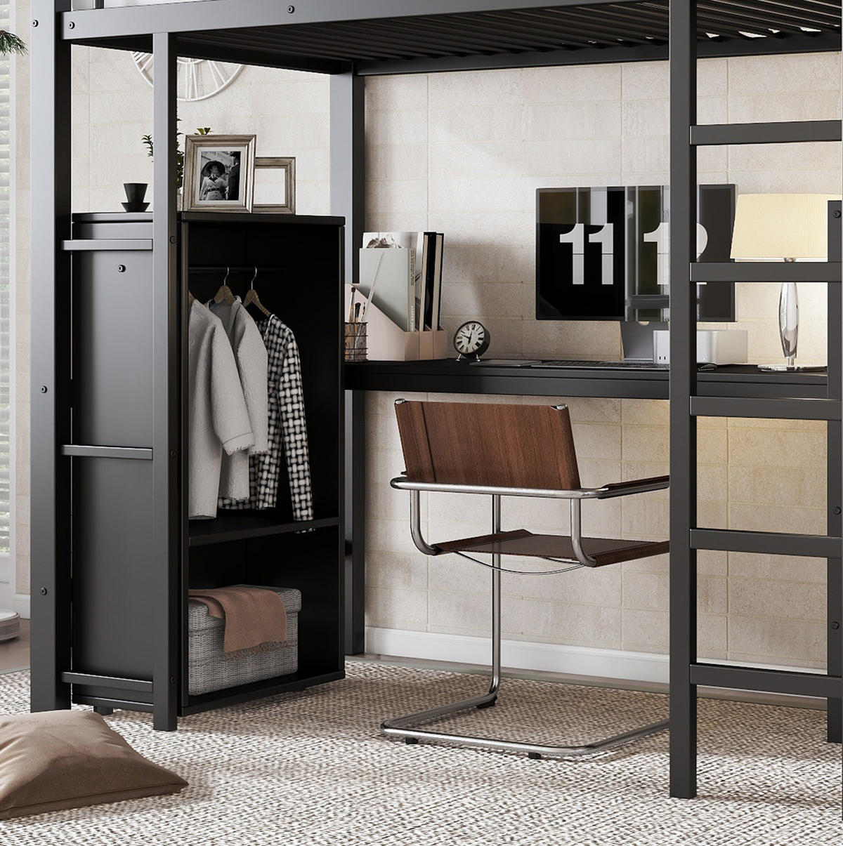 HOCHBETT 90/200 cm aus Metall mit Schreibtisch und Kleiderschrank - Schwarz, Metall (90/200cm) - BEAOK