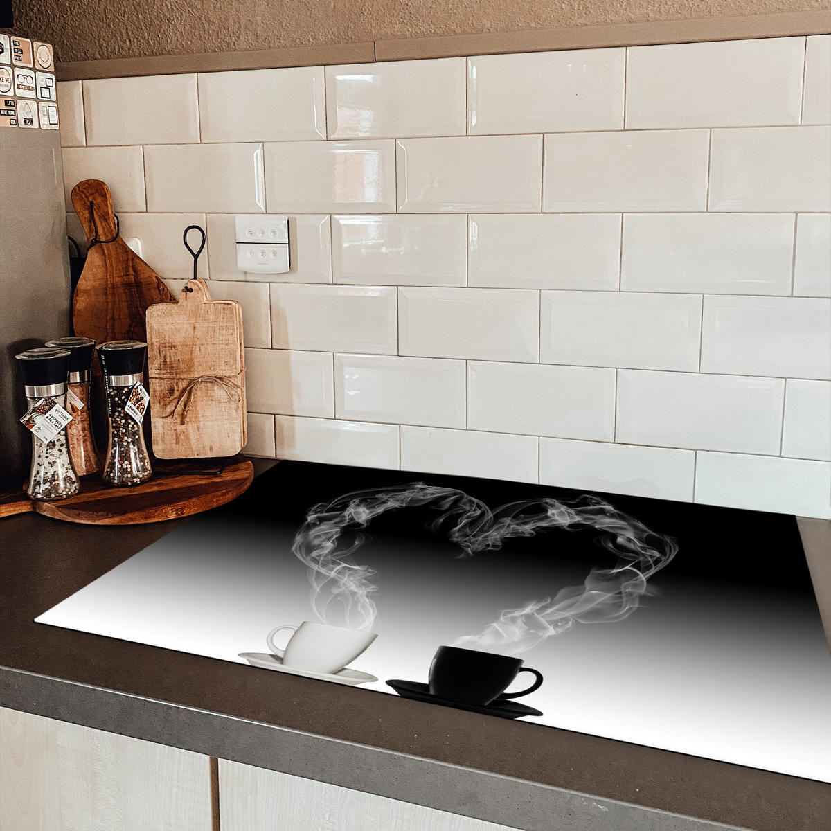 HERDABDECKPLATTE Kaffee - Herz - Schwarz und weiß - Tassen Ceranfeldabdeckung 80x52 cm - Weiß, Kunststoff (80/52/0.2cm) - MuchoWow