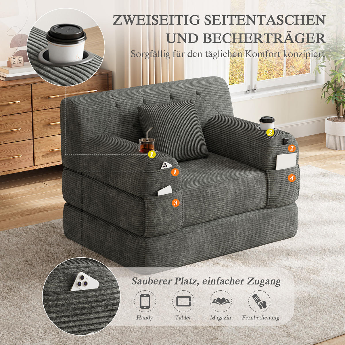 SCHLAFSESSEL Cord komprimiert, DE-42543, Dunkelgrau - Dunkelgrau, Metall (107/81/80cm) - ComfortXL