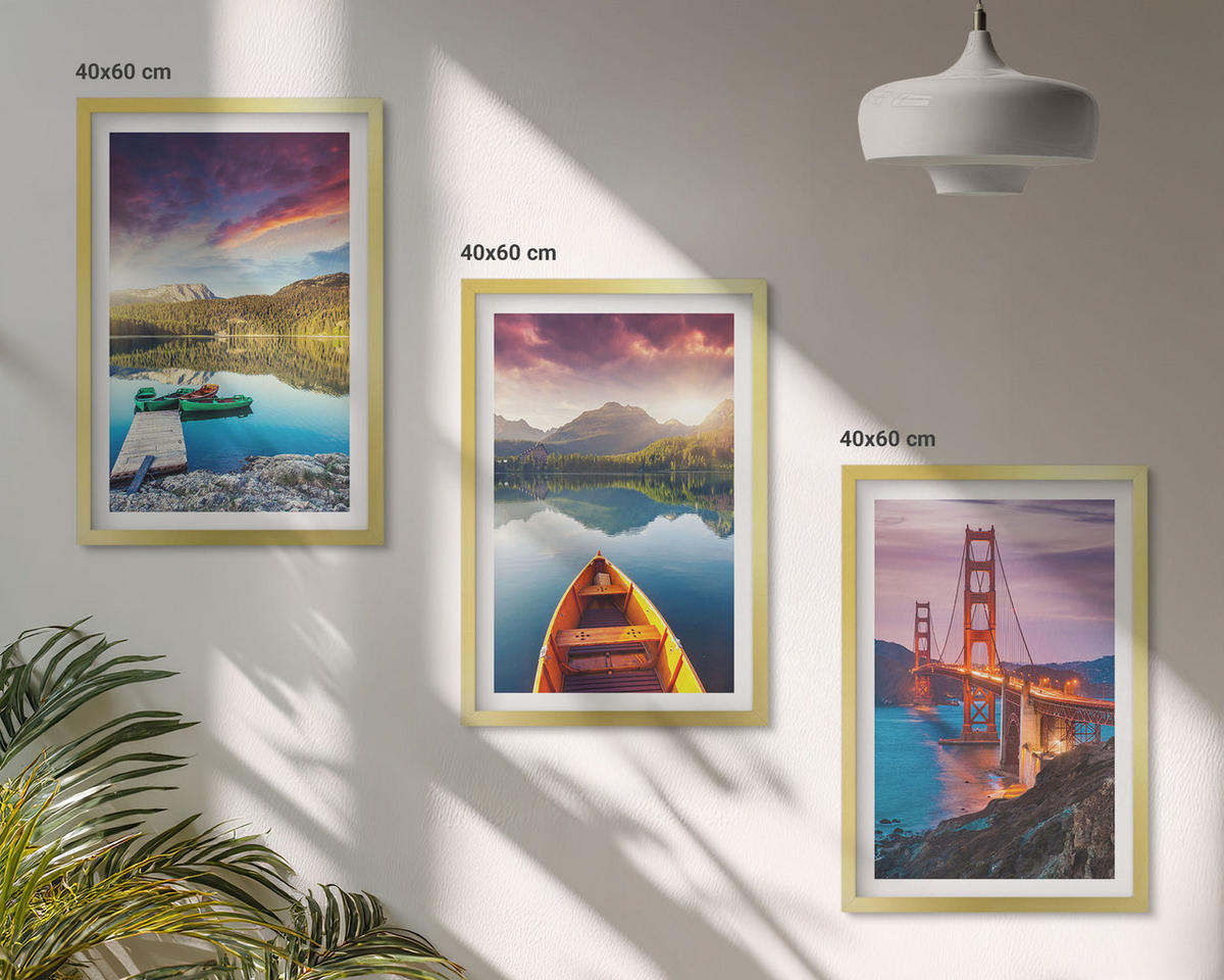 BILDER SET 3er Set - 40x60 cm Goldrahmen - Bergblick auf den See und die Brücken - Goldfarben, Kunststoff (40/60cm) - TULUP