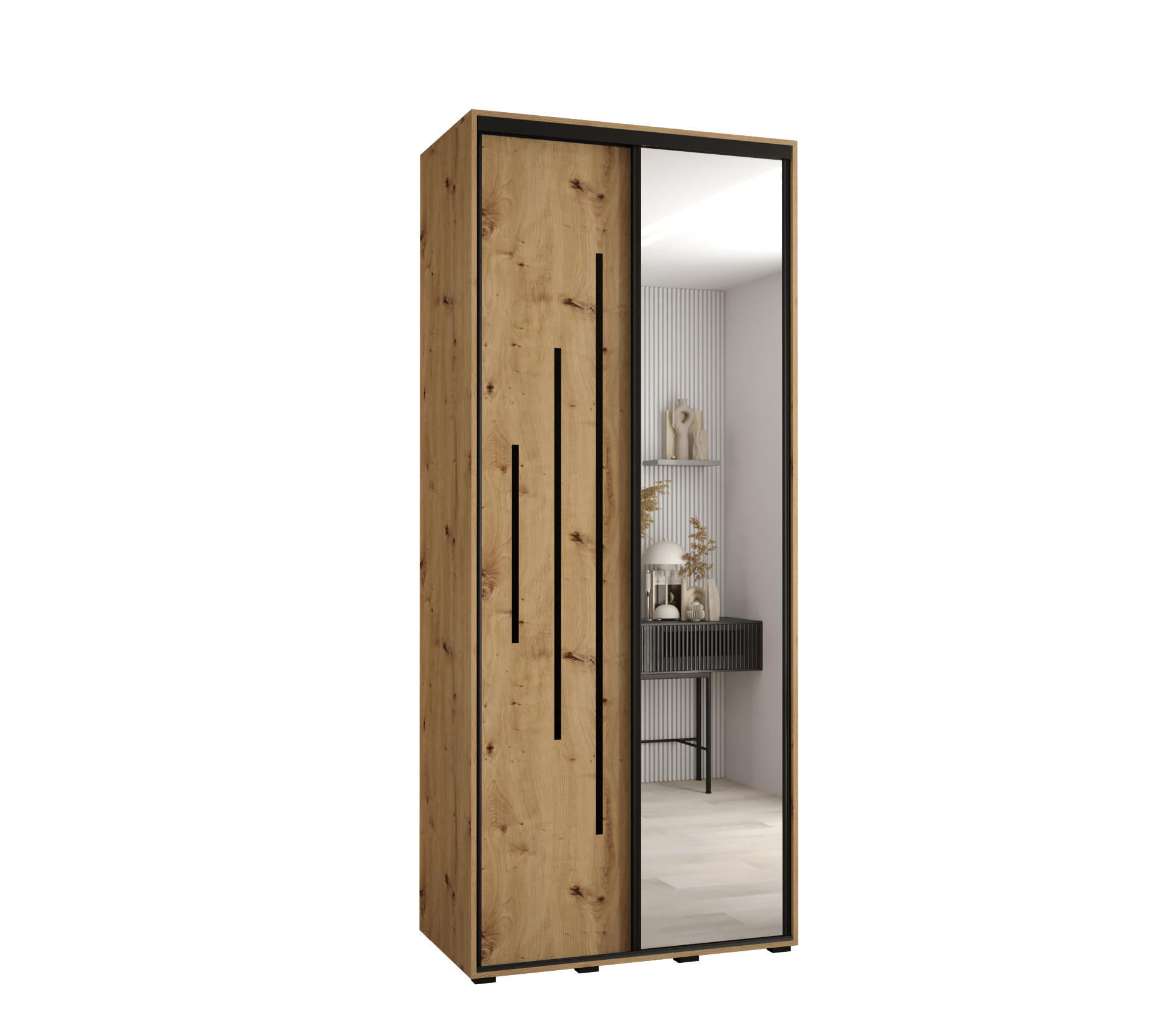 Abiks Möbel SCHWEBETÜRENSCHRANK Eiche Artisan, Eiche Artisan, Schwarz 100cm × 45cm × 235cm