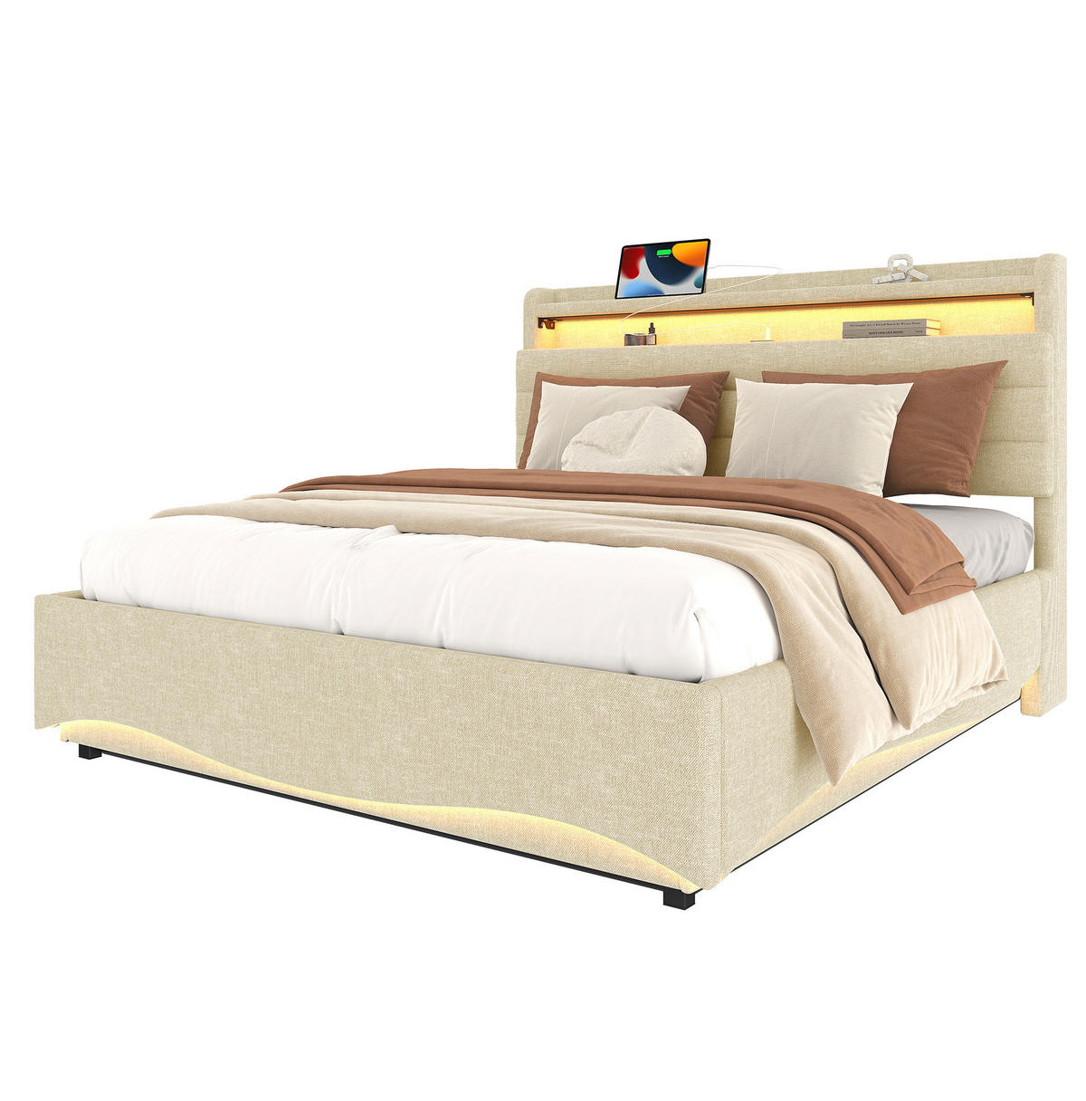 POLSTERBETT 140/200 cm mit LED-Beleuchtung und Bettkasten, Leinenbezug Grau - Grau, Textil (140/200cm) - BEAOK