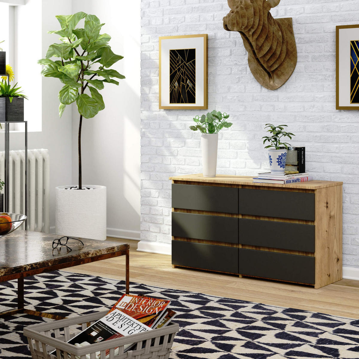 KOMMODE CL100 6 Schubladen, Artisan-Grau, 35x100x57 cm - Eiche Artisan/Grau, Holz (100/57/35cm) - Milordbikes
