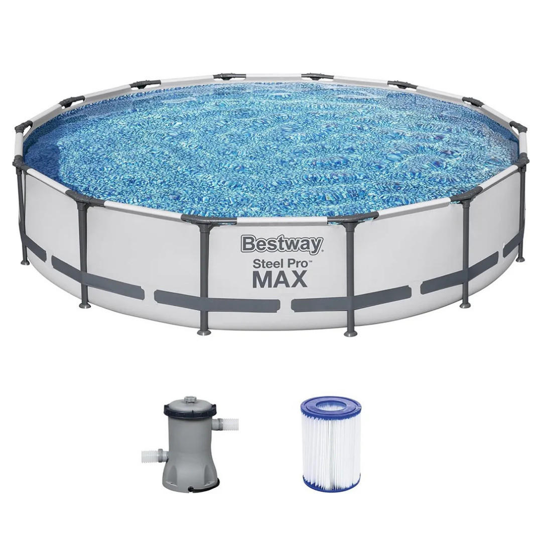 POOL SET Steel Pro MAX Lichtgrau Ø427 × 84 cm Rund Stahlrahmenpool mit Filterpumpe Familienpool Garten - Hellgrau, Kunststoff (427/84/427cm) - Bestway