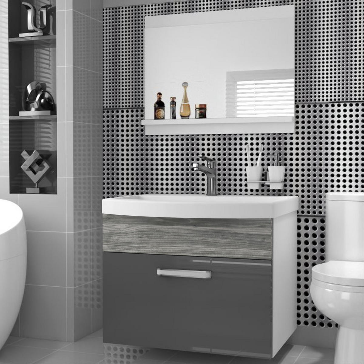 BADMÖBEL Badezimmer SET PRI PM1, Grau Glamour Hochglanz, 60 cm - Grau, Holz (38.7/51/60cm) - B BELINI GROUP