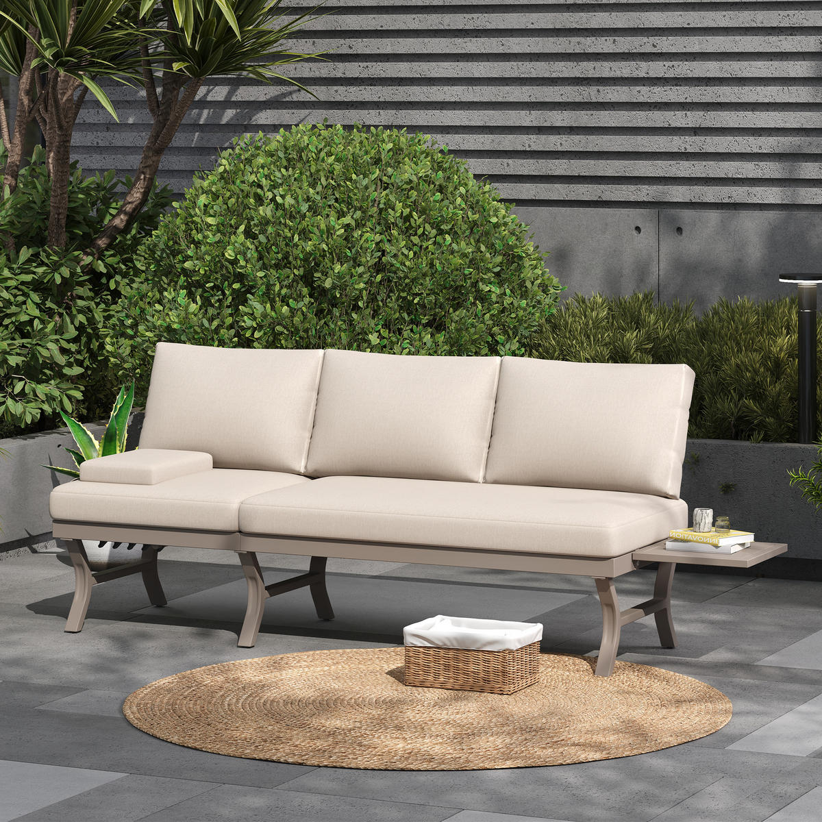 GARTENMÖBEL-SET 3-Sitzer Sofa Verstellbar Tisch Stahl Beige - Beige, Textil (66/66/168cm) - FLIEKS