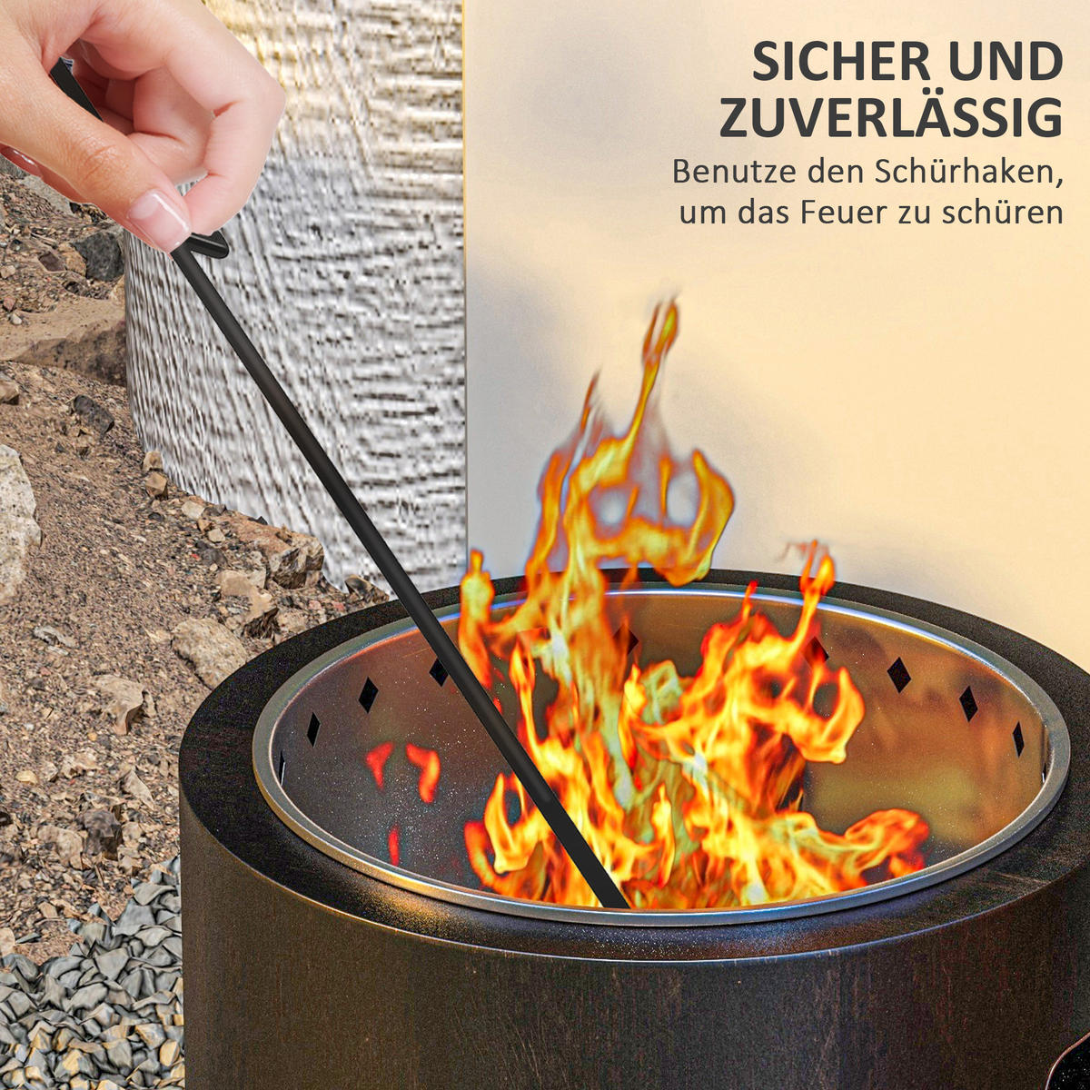 FEUERSCHALE, rauchfreier Tischfeuer, Ø45 cm Feuerstelle mit Griff, Schürhaken - Schwarz, Metall (45/42/45cm) - Outsunny