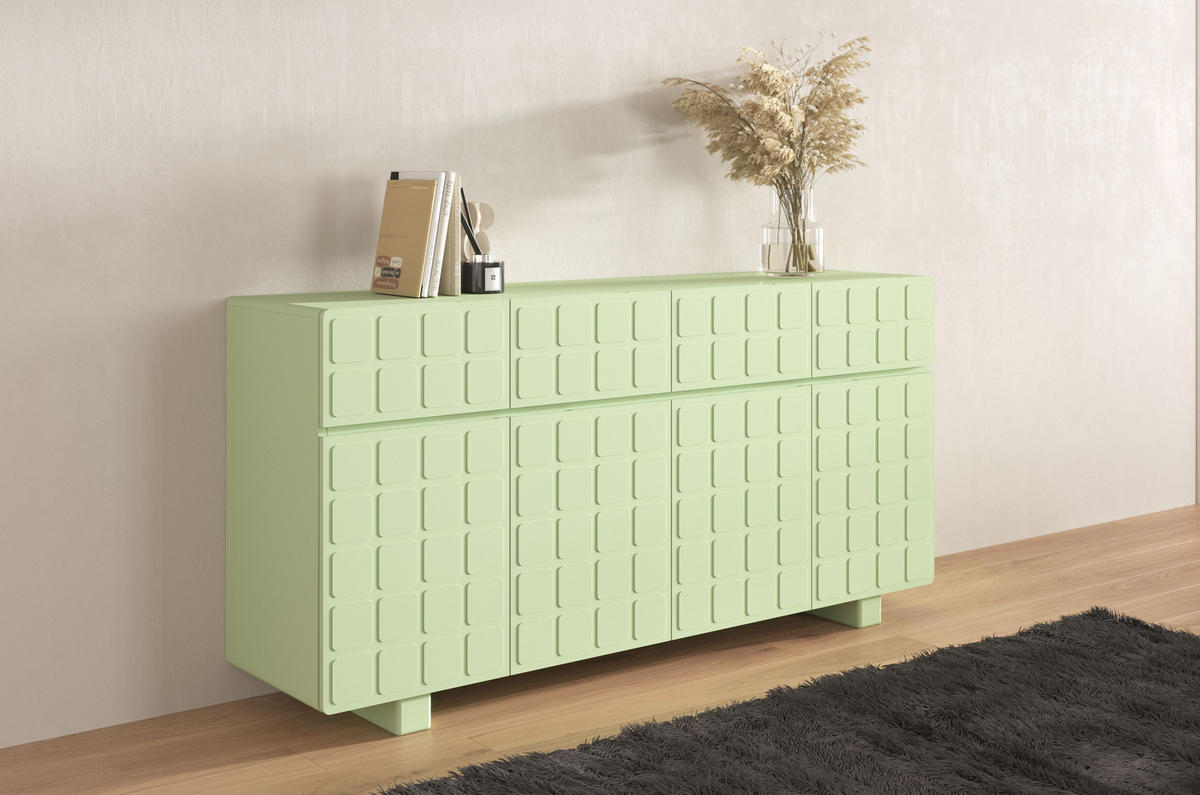SIDEBOARD Cubo Long, Geometrische 3D Fronten, 169 cm, Grün - Pastellgrün, Holz/Holzwerkstoff (168.9/83.8/41.8cm) - Skandica