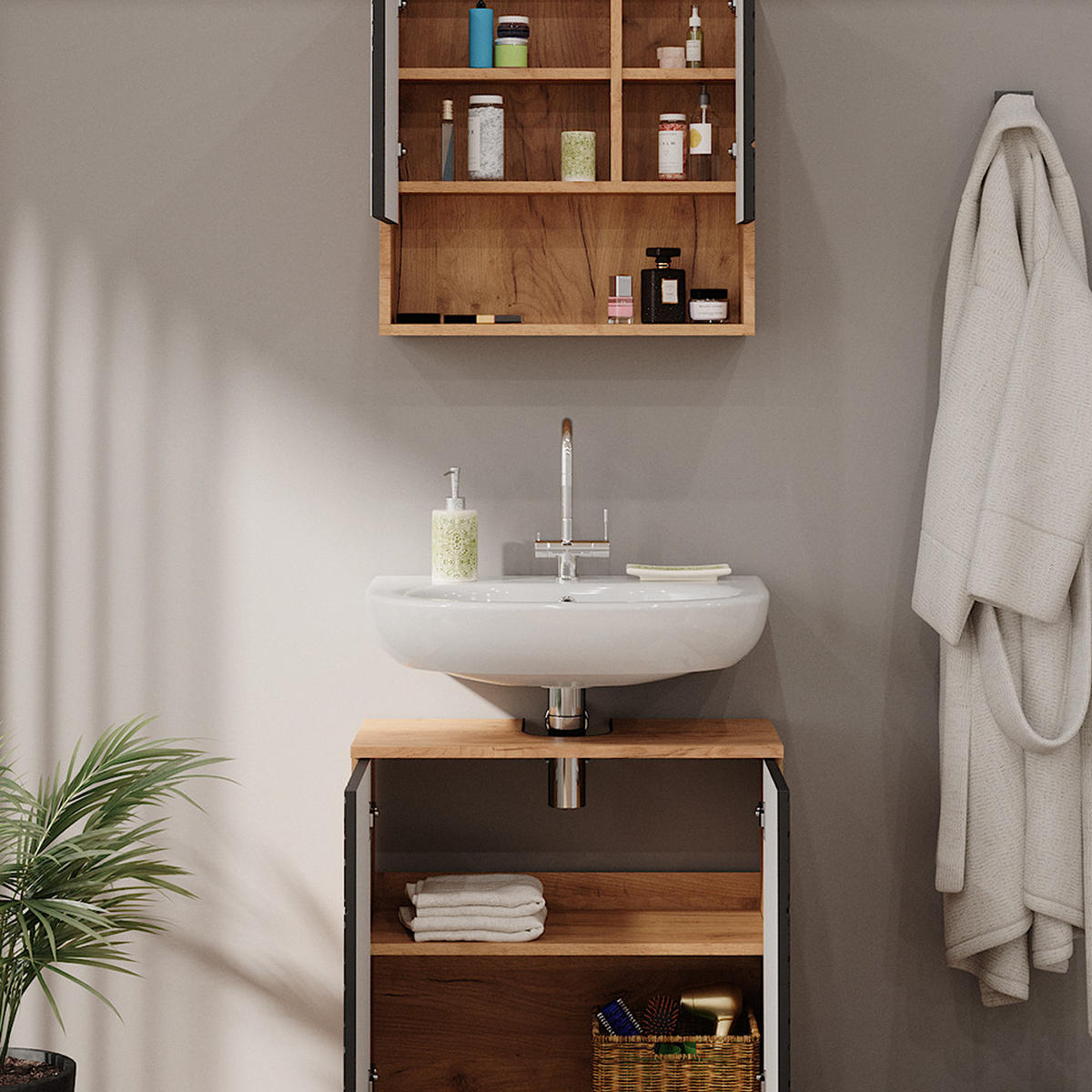 SÚPRAVA KÚPEĽŇOVÉHO NÁBYTKU Irma Antracit so štruktúrou včelieho plástu - antracitová, kompozitné drevo (80/58.6/41cm) - Vicco