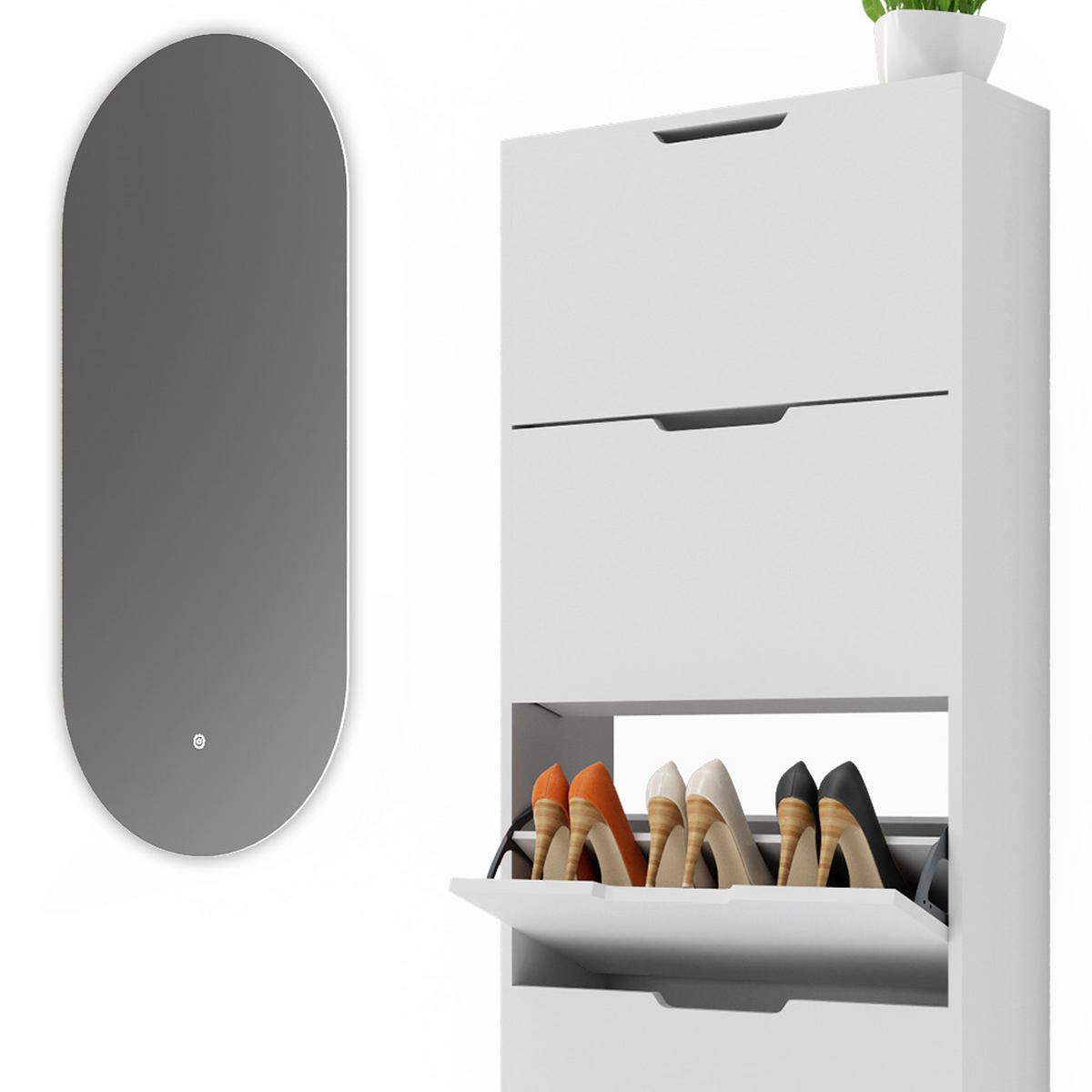 SCHUHKIPPER Luca Weiß 2 Teile, mit LED Spiegel - Weiß, Holzwerkstoff (59/169/22cm) - Vicco