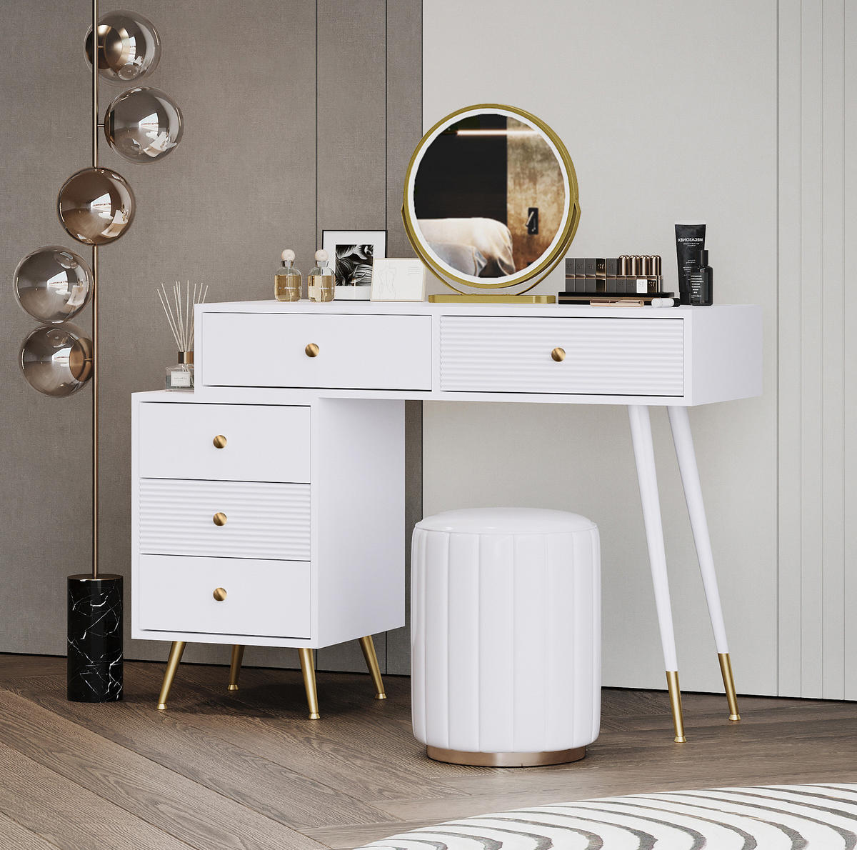 SCHMINKTISCH 100/40/78 cm in Weiß mit LED-Beleuchtung und flexiblem Seitenschrank - Weiß, Holzwerkstoff (40/78.5/100cm) - Flora Grace