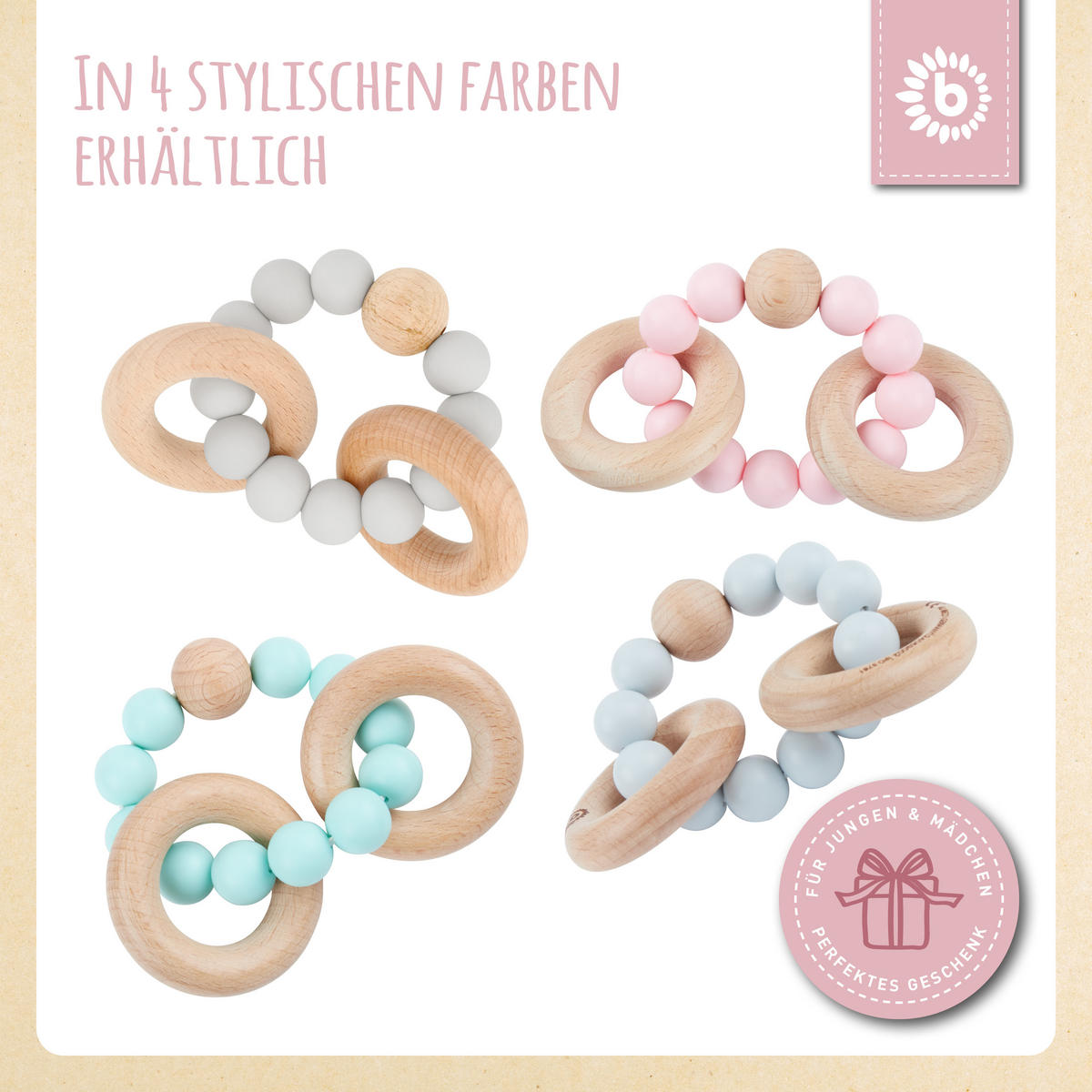 BEISSRING mit Silikon Perlen - ab Geburt - Rosa, Kunststoff (9/6.8cm) - Bieco Spielwaren