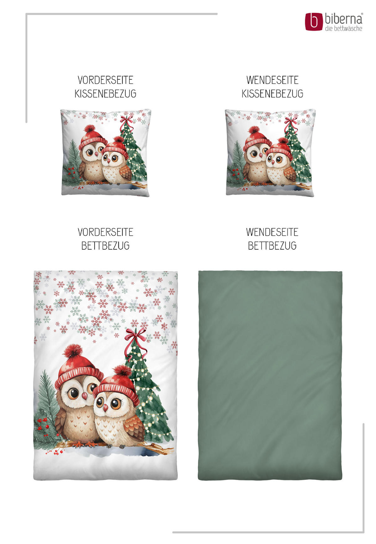 BETTWÄSCHE-GARNITUR Biber Eulen Weihnachten tanne, 155x220 cm + 80x80 cm - Dunkelgrün, Textil (155/220cm) - biberna