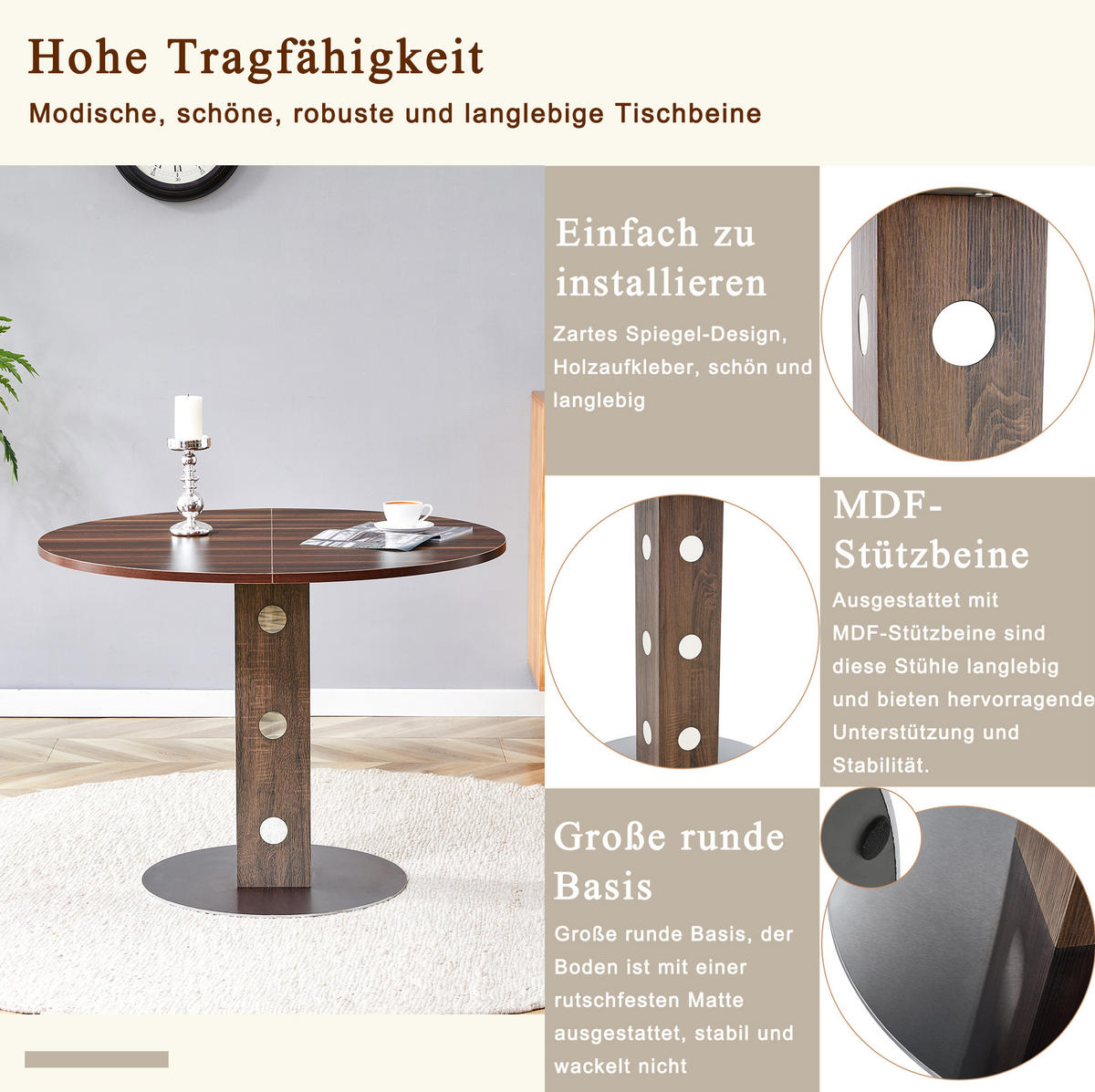 ESSTISCH aus MDF und Metall 100x100x76 cm Walnussfarben rund, pflegeleicht und vielseitig - Walnussfarben, Holzwerkstoff (100/100/76cm) - Modfu