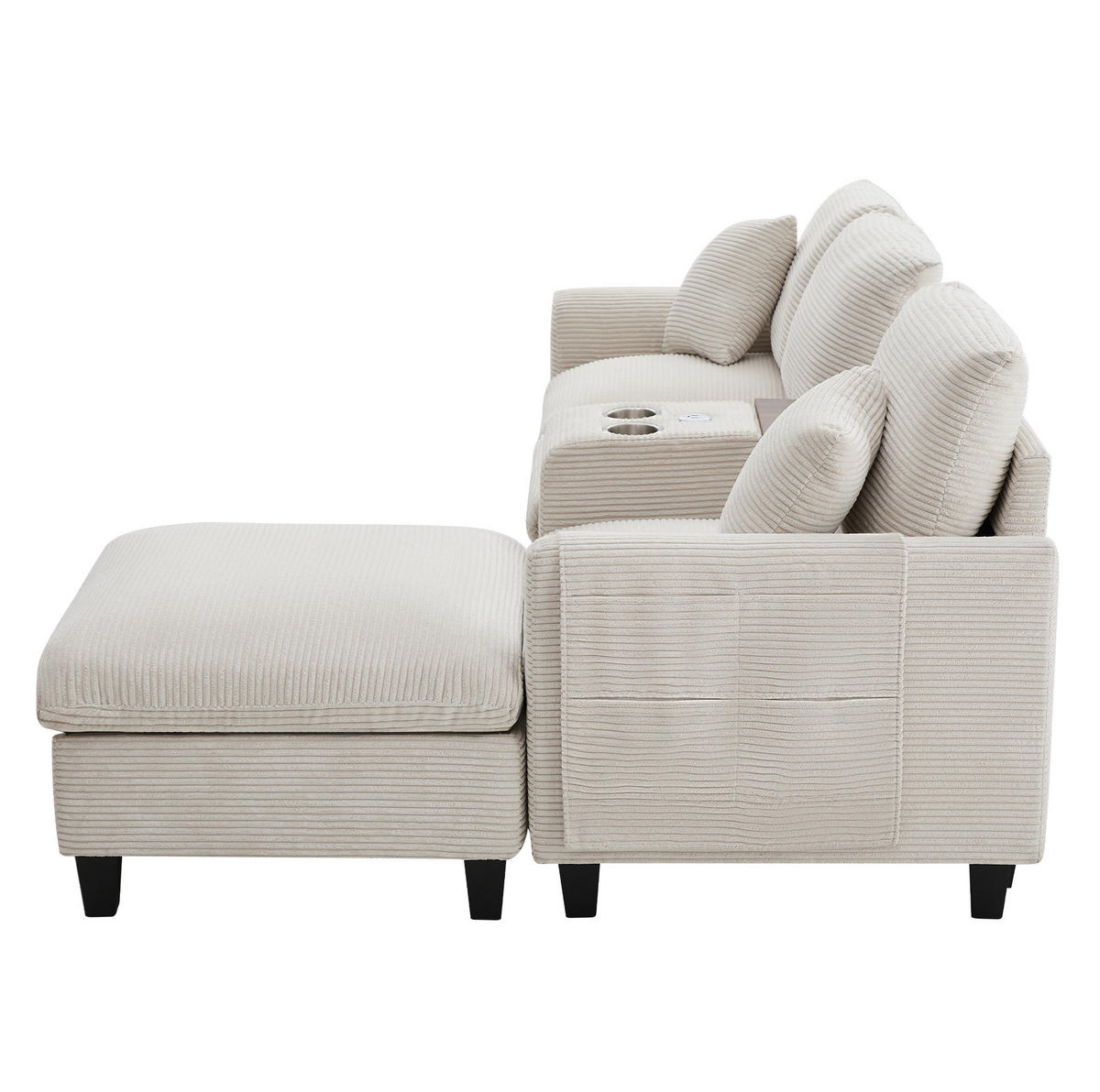 SOFA L-Form 4-Sitzer mit Konsole und 2 USB-Anschlüssen Cord Beige 229/149,5/83 cm - Beige, Textil (229/149.5cm) - OKWISH