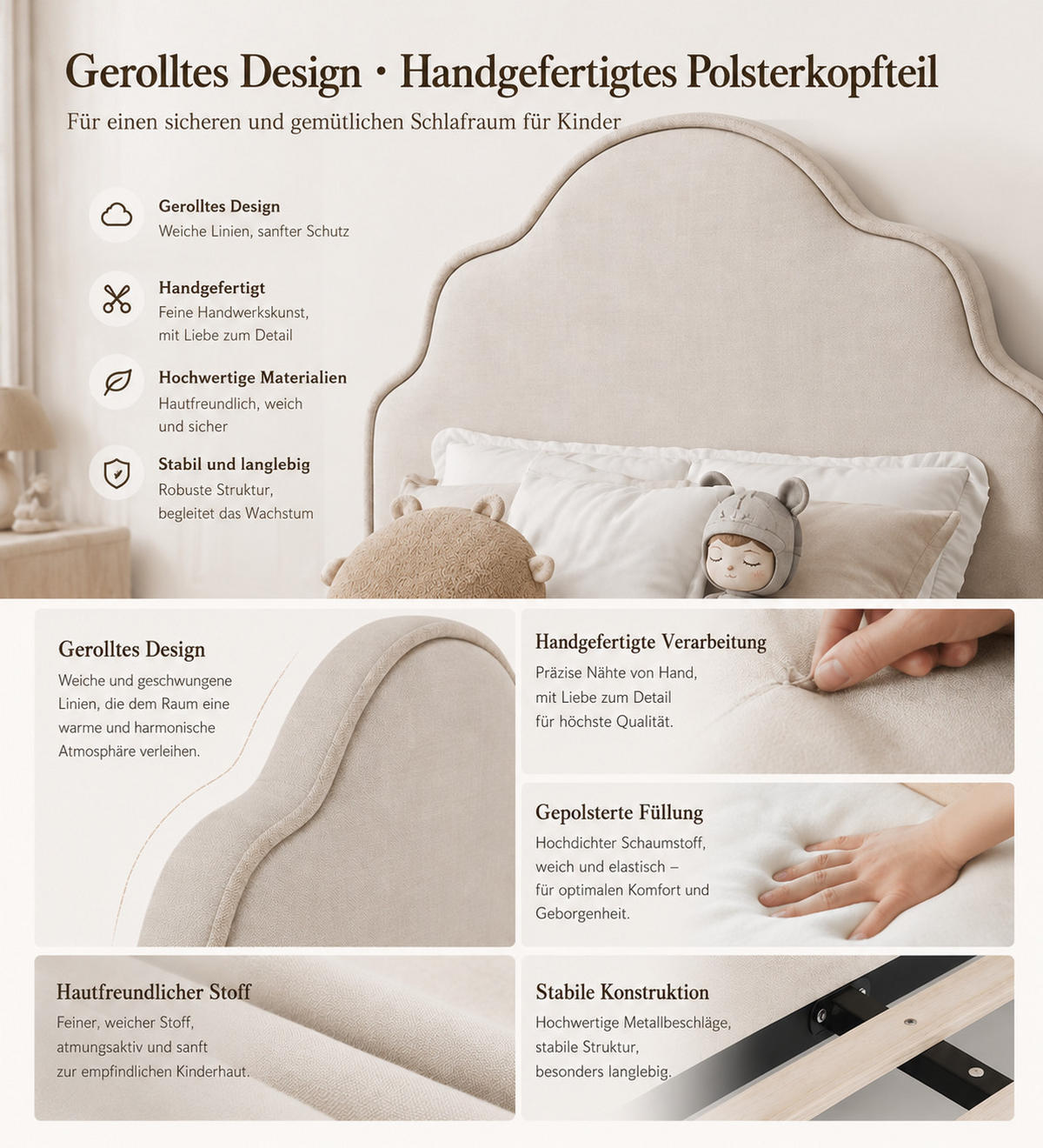 POLSTERBETT 90x200cm Kinderbett Leinen Beige Kopfteil - Beige, Naturmaterialien (90/200cm) - FLIEKS