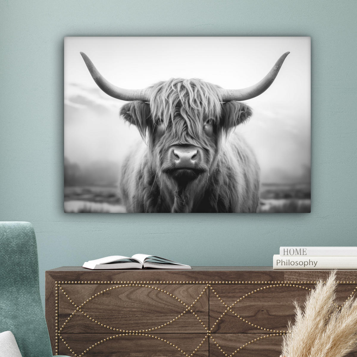 LEINWANDBILD - Schottischer Highlander - Nebel - Schwarz - Weiß - 80x60 - Malerei - Grau, Textil (80/60cm) - MuchoWow