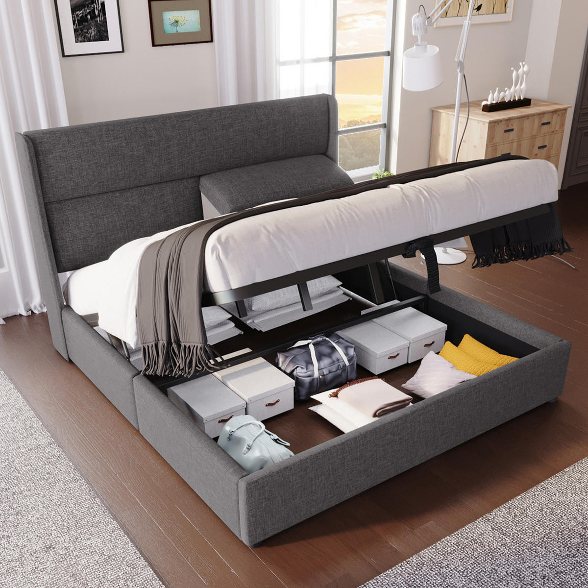 POLSTERBETT 140/200 cm Grau mit Verstellbaren Kopfstützen und Stauraum - Grau, Textil (140/200cm) - OKWISH