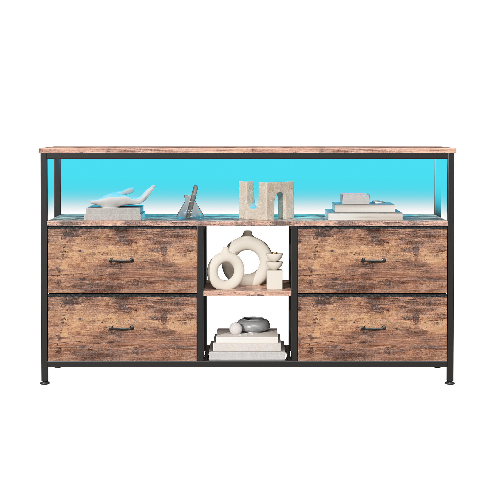 TV-BOARD Braun 108x30x77 cm mit 4 Stoffschubladen, verstellbarer LED-Beleuchtung und Metallrahmen - Braun, Holz/Metall (30/78/108cm) - PARAFTA HOME