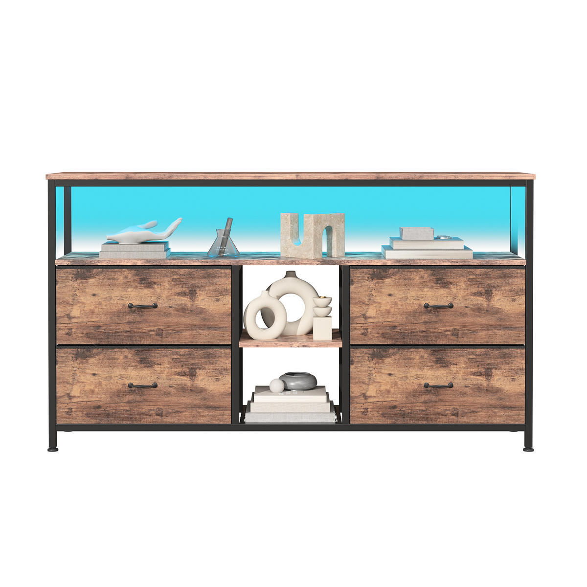 TV-SCHRANK 108 cm, LED, Holzoptik Tiger, 4 Stoffschubladen Vintage, Metallrahmen, höhenverstellbare Füße, Retro-modern - Nussbaumfarben, Holz (108/76.8/29.8cm) - EuroLiving