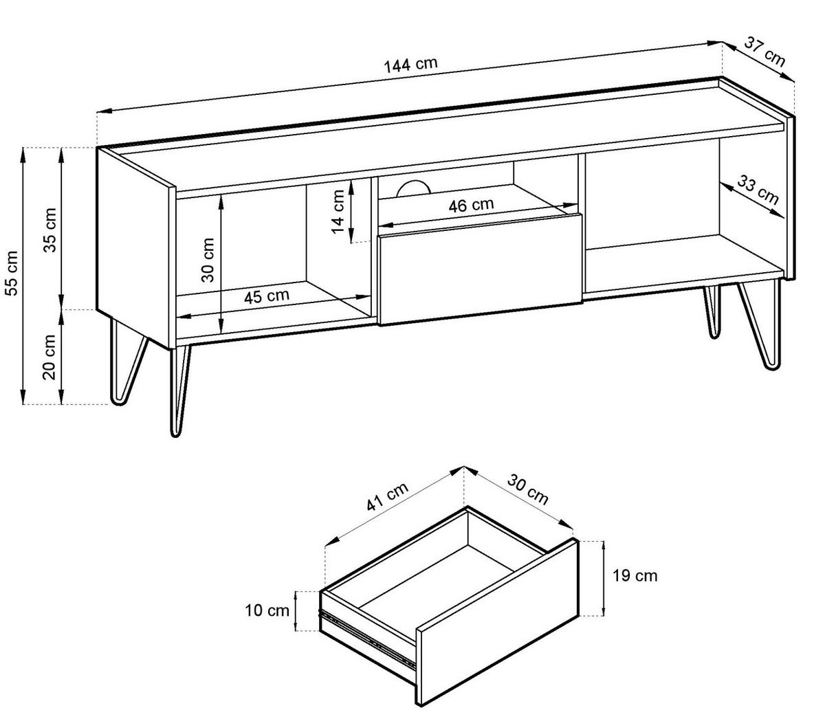 TV-SCHRANK 144 cm mit Schublade Olven, goldene Beine, Schwarz - Schwarz, Holz (144/55/37cm) - Emporius