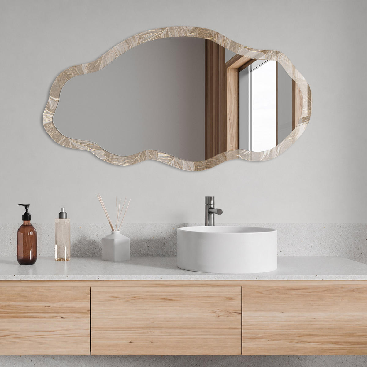 SPIEGEL 90x45 cm asymmetrisch mit Druck - Beige Blätter - Transparent, Glas (45/90/0.4cm) - TULUP