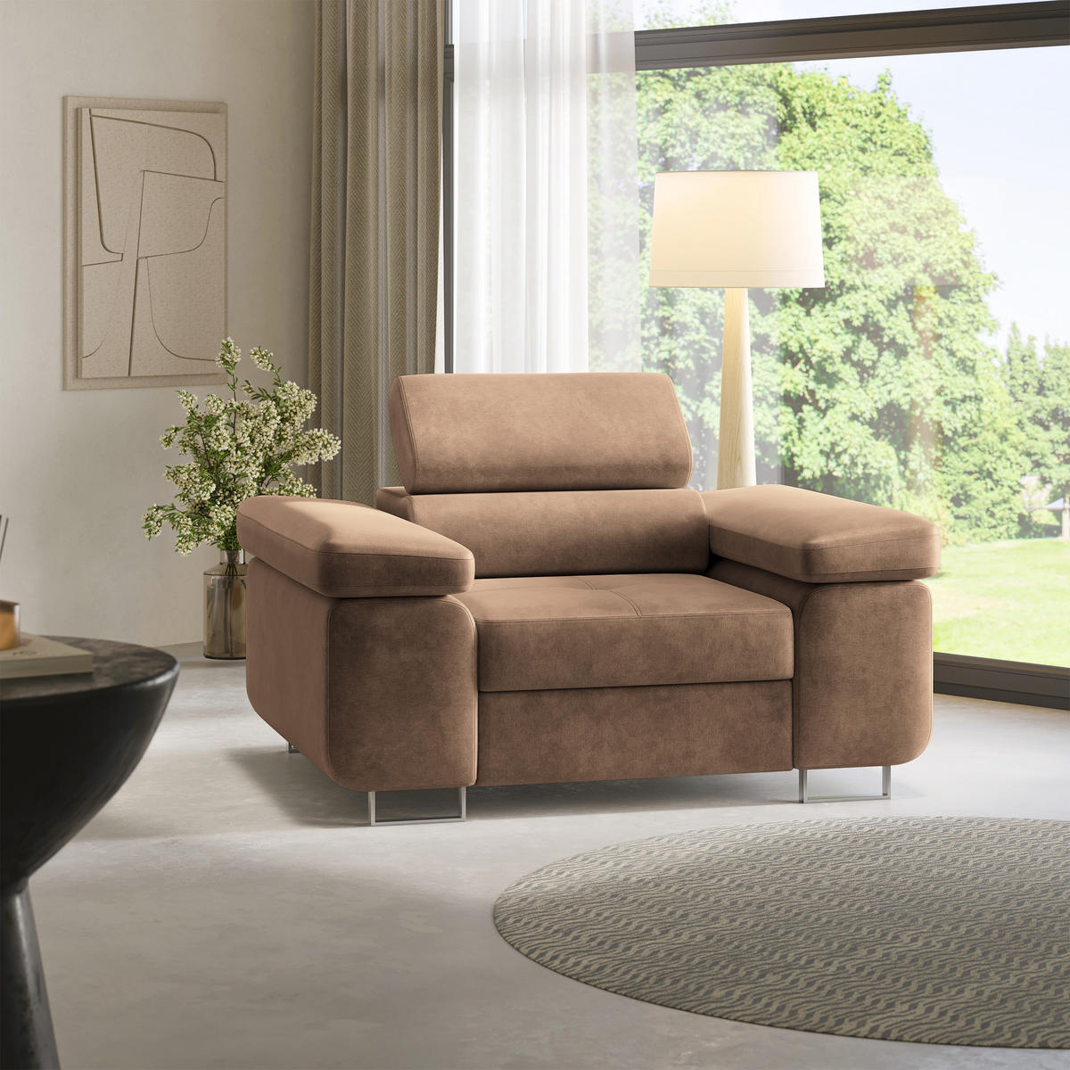 SESSEL CALVO Polstersessel Loungesessel ergonomisch, Beige - Beige, Holz/Metall (133/87/98cm) - MASSENO