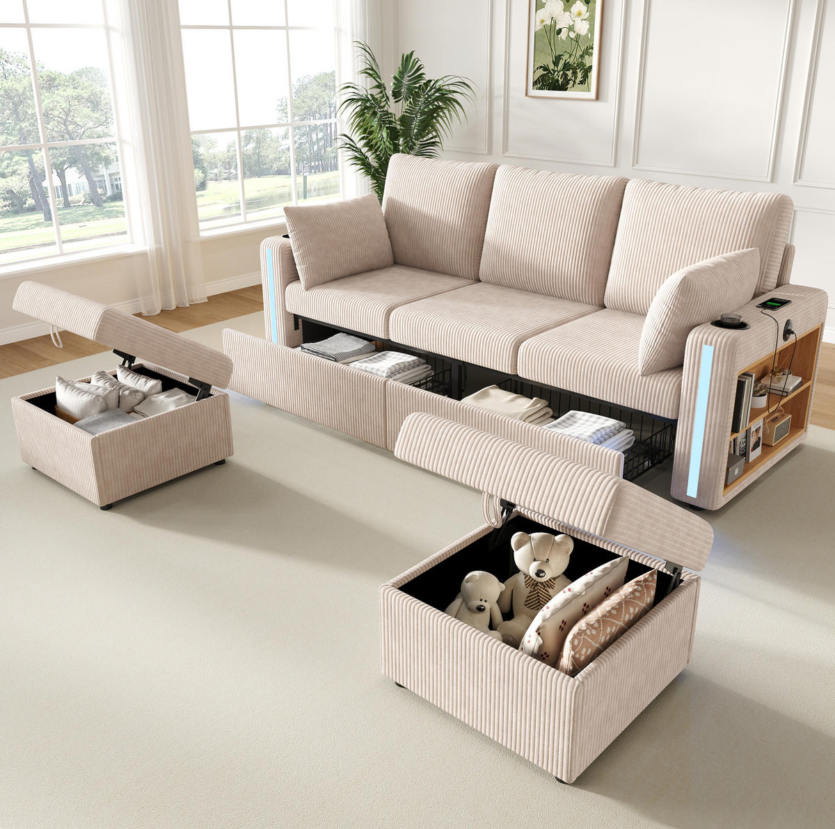SOFA modulares U-/L-Form 190 x 130 x 85 cm Cord Beige 2 Hocker - Beige, Holz (130/85/190cm) - Meubliv