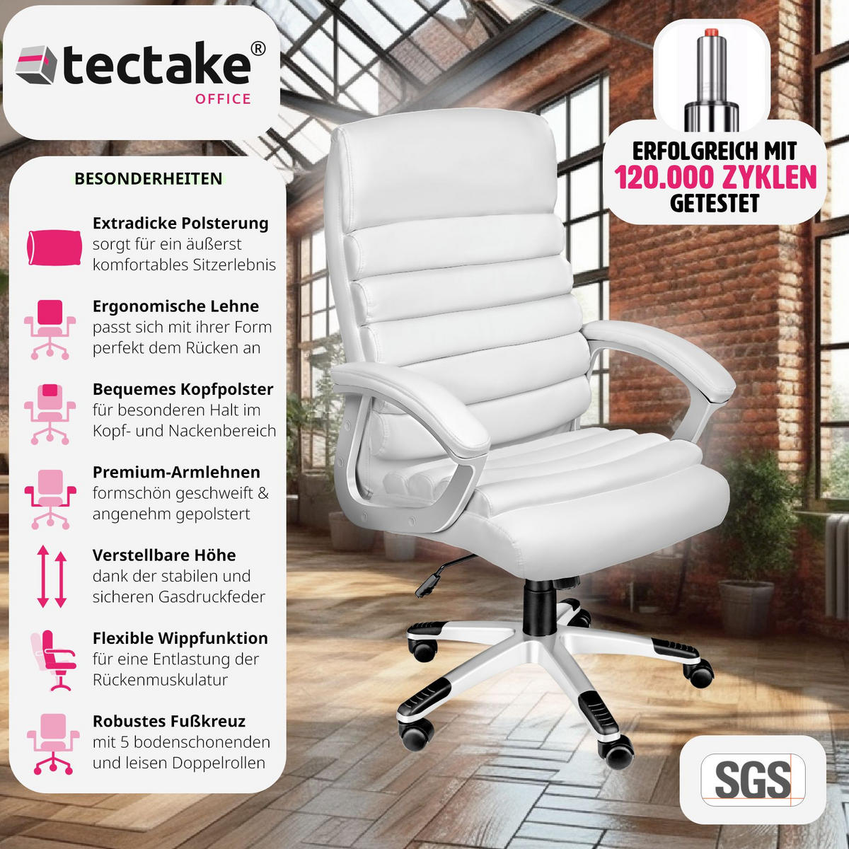 BÜROSTUHL Paul,einstellbare Wippfunktion,weiß - Weiß, Textil (66/124/60cm) - tectake