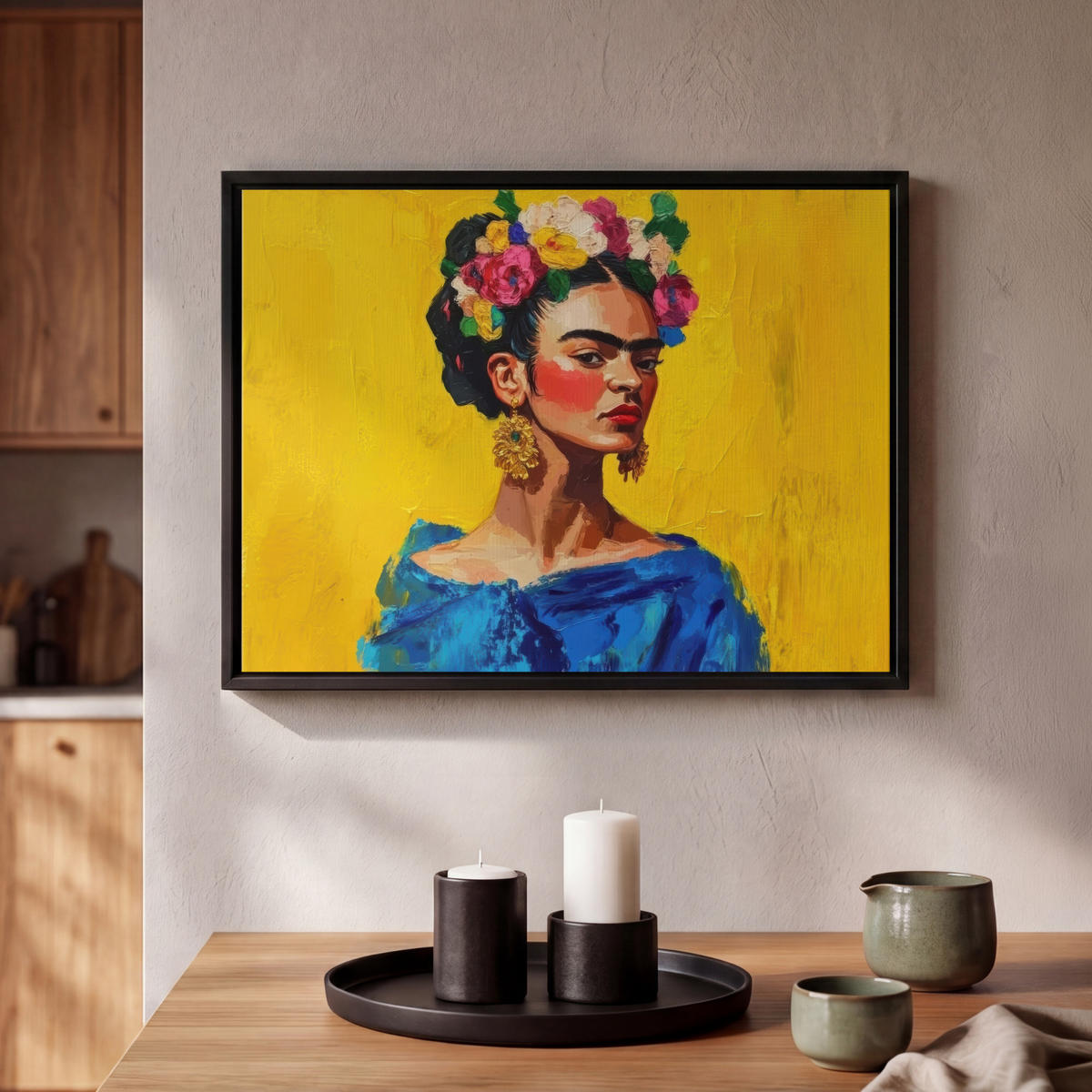 LEINWAND Bilder mit Rahmen - Frida Kahlo - Frau - Gelb - Blau - Blumen - 40x30 - Gelb, Textil (40/30cm) - MuchoWow