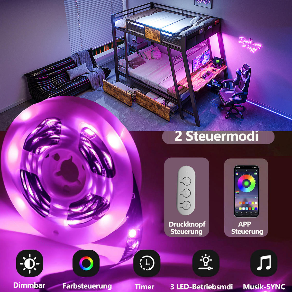 ETAGENBETT 90x200cm Metall Gaming Schreibtisch LED USB Schwarz - Schwarz, Metall (90/200cm) - FLIEKS