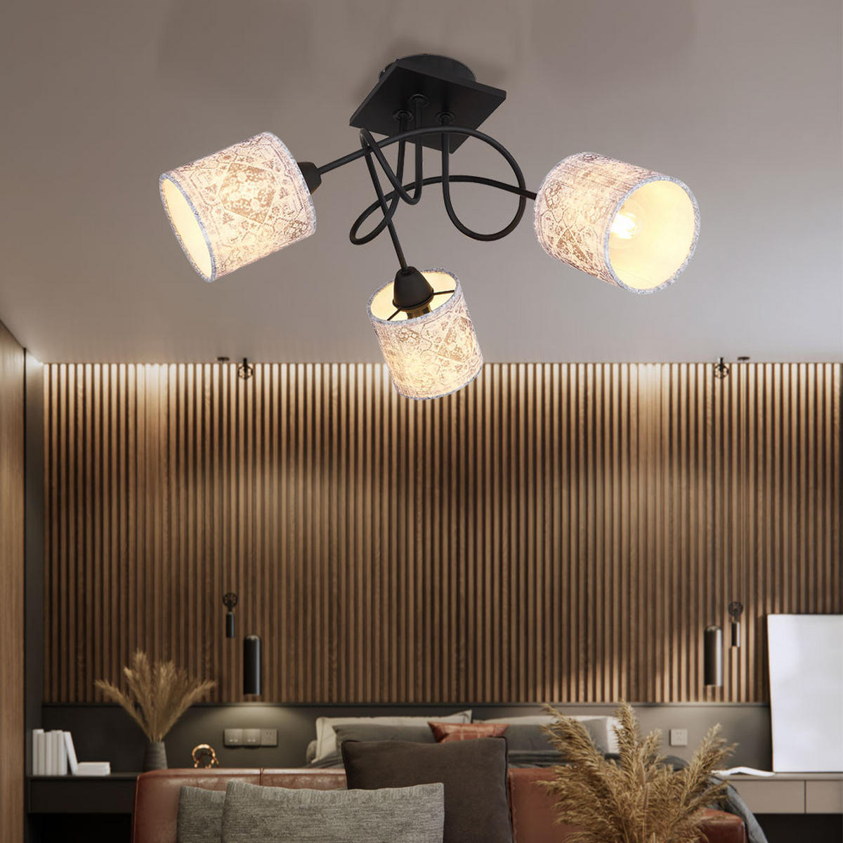 DECKENLEUCHTE Metall Grau Textil 3-flammig - Schwarz, Holz (46/46/27.5cm)