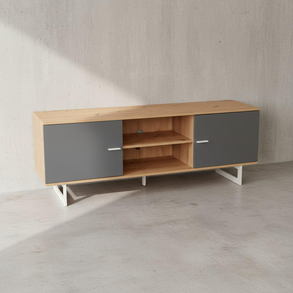 TV-LOWBOARD mit Eiche-Dekor und 2 Türen, modern, Braun-Grau 150x40x55 cm - Silberfarben/Braun, Holzwerkstoff/Metall (150/55/40cm) - KADIMA DESIGN