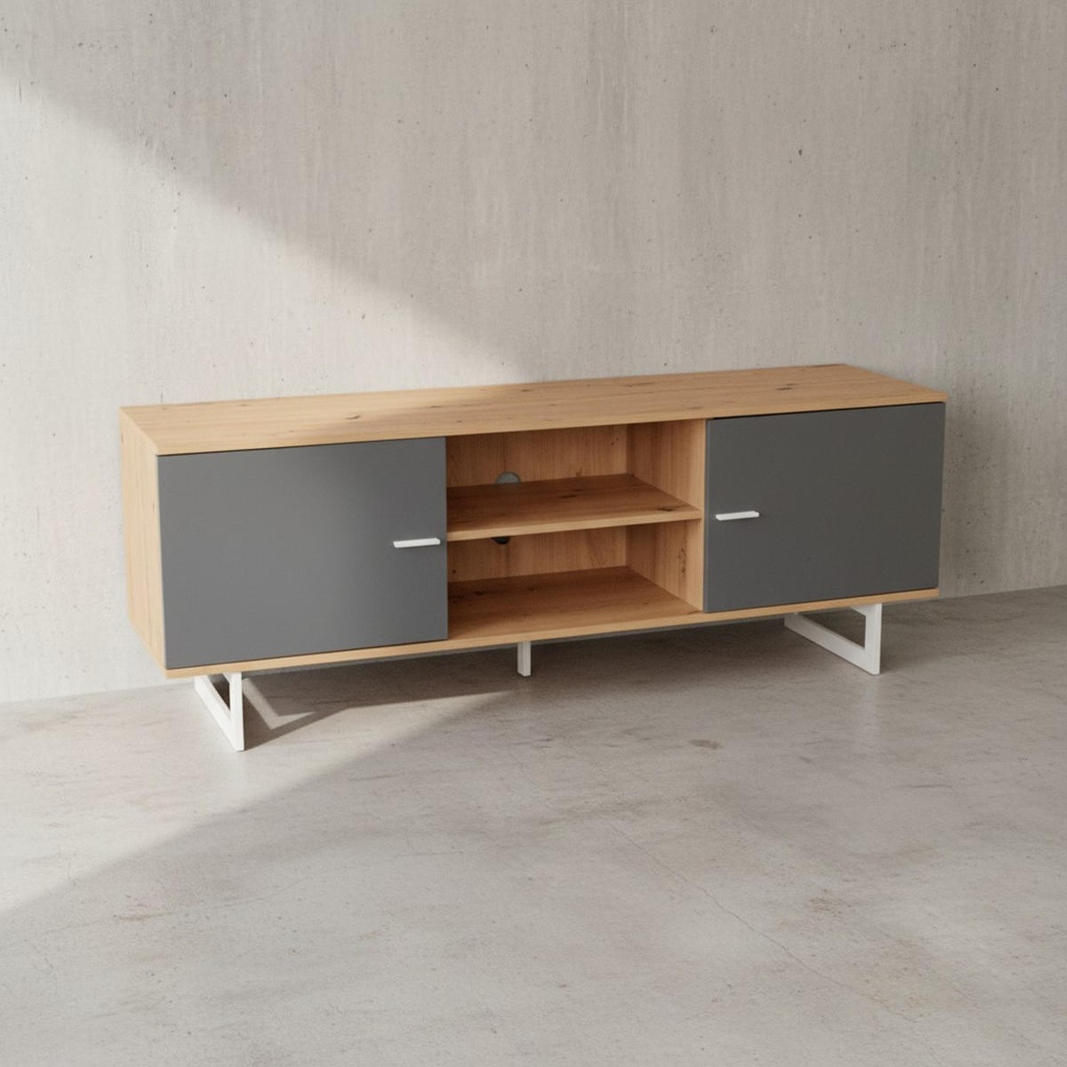 TV-LOWBOARD mit Eiche-Dekor und 2 Türen, modern, Braun-Grau 150x40x55 cm - Silberfarben/Braun, Holzwerkstoff/Metall (150/55/40cm) - KADIMA DESIGN