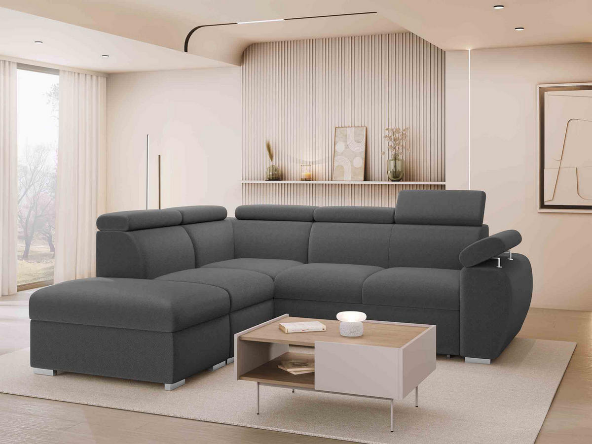 ECKSOFA Boston 2RR1P, Seite: Links PUFAP+R+1P(65)+2R - Silberfarben/Grau, Holz/Textil (260/230cm) - MIRJAN24