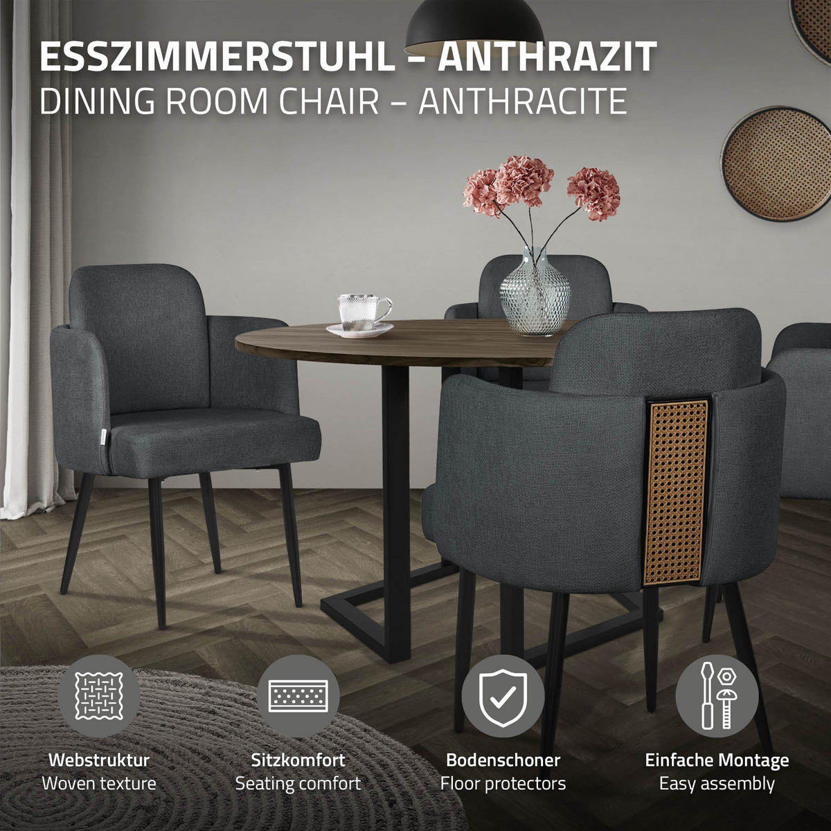 ESSZIMMERSTÜHLE 2er Set Anthrazit mit Stoffbezug Rattan Optik - Anthrazit/Schwarz, Textil/Metall (59/86/59cm) - ML-DESIGN
