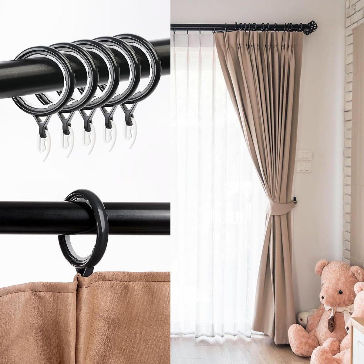 DUSCHVORHANGRINGE Schwarz Kunststoff mit Haken einfach zu installieren - Schwarz, Kunststoff (4/4cm) - MCBOSON