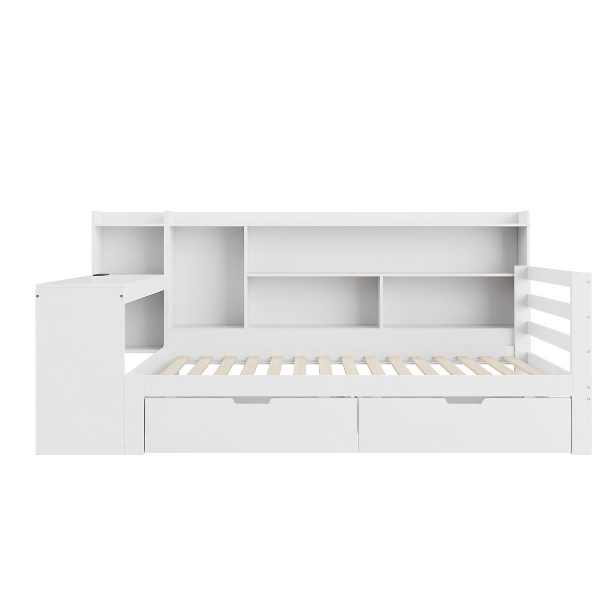 BETT aus Holz 90x200 cm Weiß mit Schreibtisch, Regalen, 2 Schubladen und Steckdose - Weiß, Holzwerkstoff (90/200cm) - Modfu
