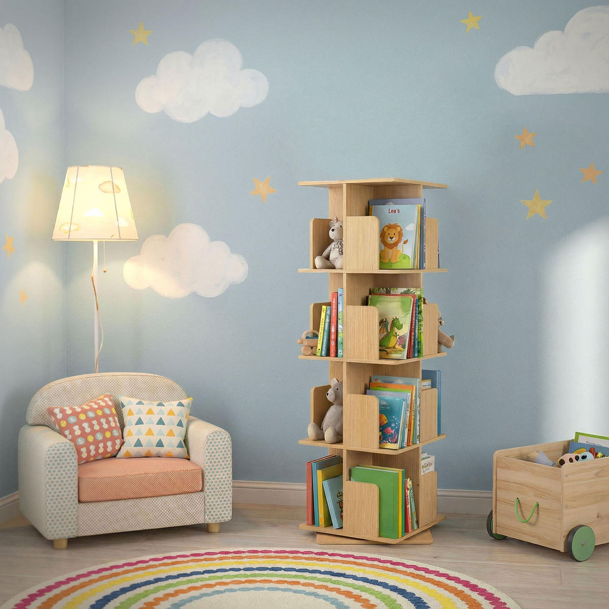 BÜCHERREGAL Kinder mit 4 Ebenen Eiche 40x124,5x40 cm Drehbar 360 Grad - Beige, Holzwerkstoff (40/124.5/40cm) - ML-DESIGN