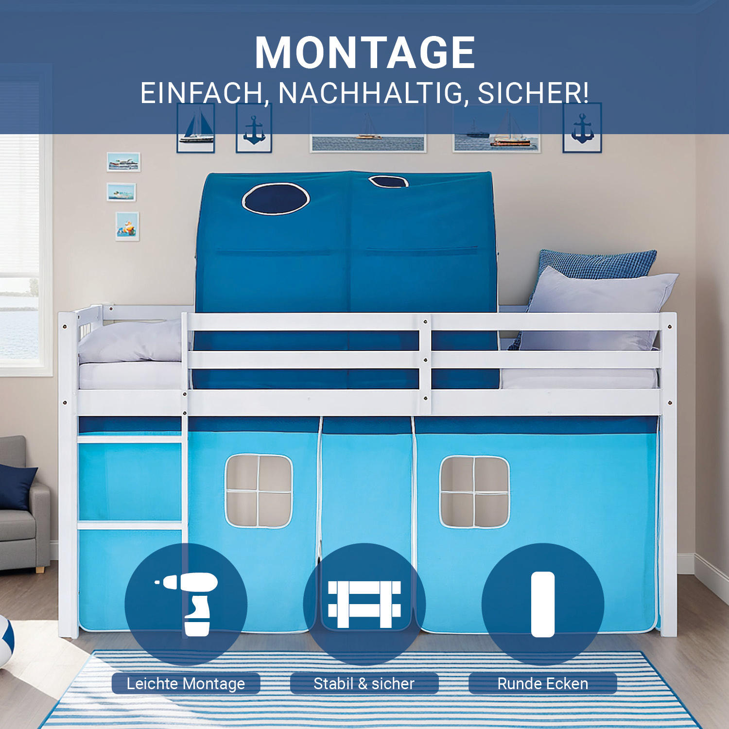 HOCHBETT blau 90/200 cm in weiß mit Matratze + Lattenrost - Blau/Weiß, Holz/Textil (90/200cm) - Homestyle4u