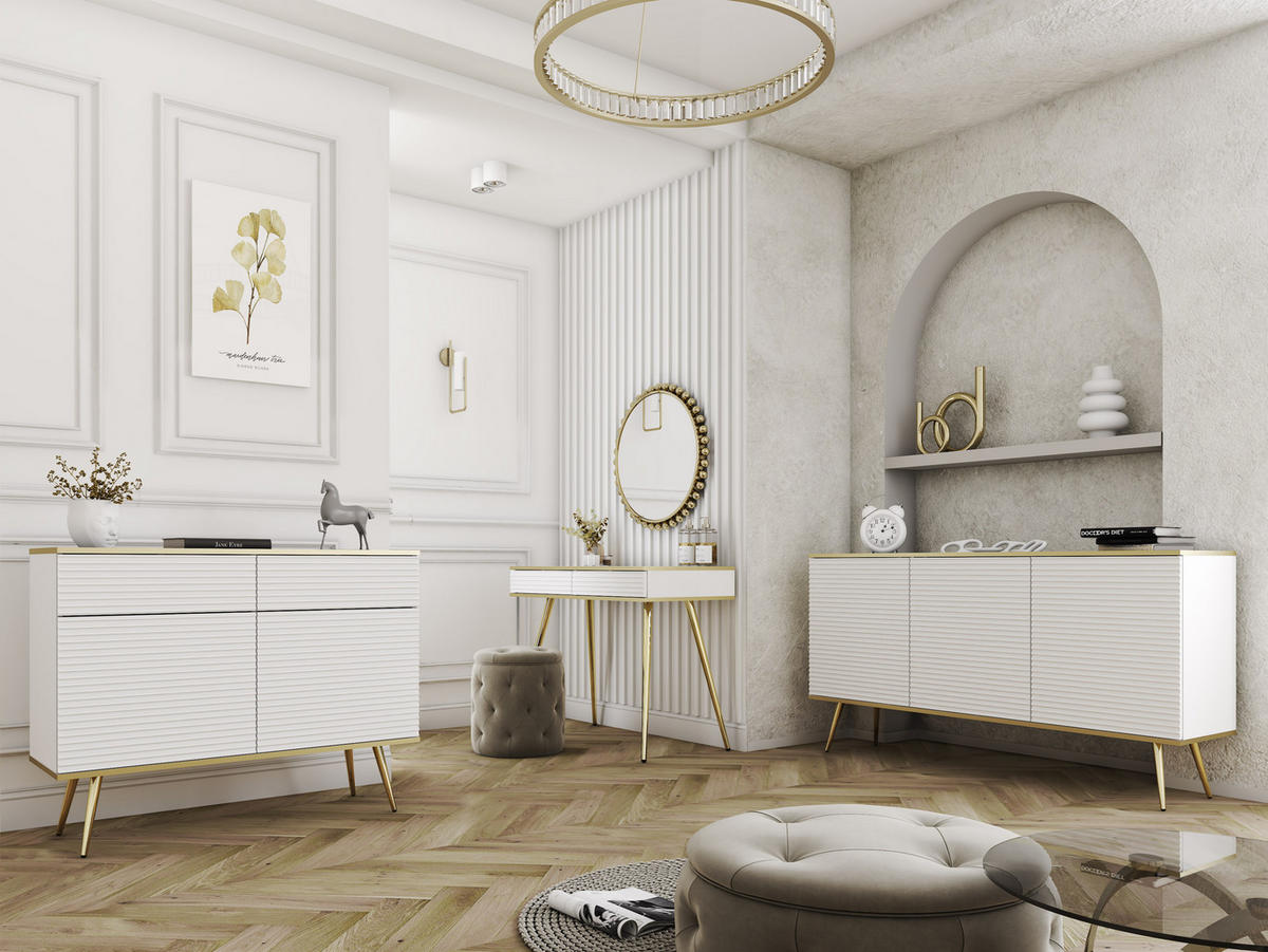 LOWBOARD TV BANFF RTV8-2D Goldene Metallbeine, geriffelte Fronten, Weiß - Weiß, Holzwerkstoff/Kunststoff (175/53/32cm) - Komodee