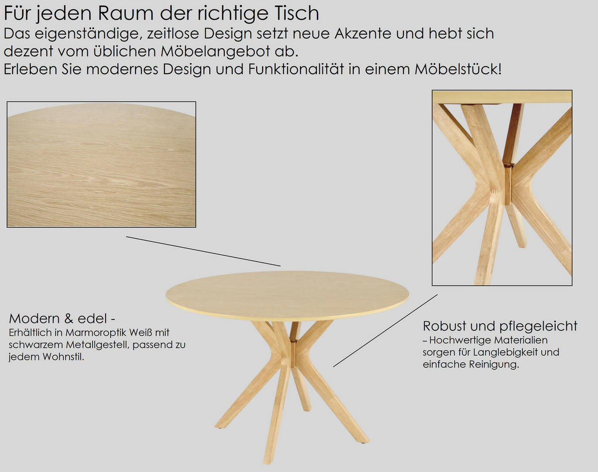 ESSTISCH rund Eiche Natur - Eichefarben, Holzwerkstoff (120/120/77cm) - designimpex