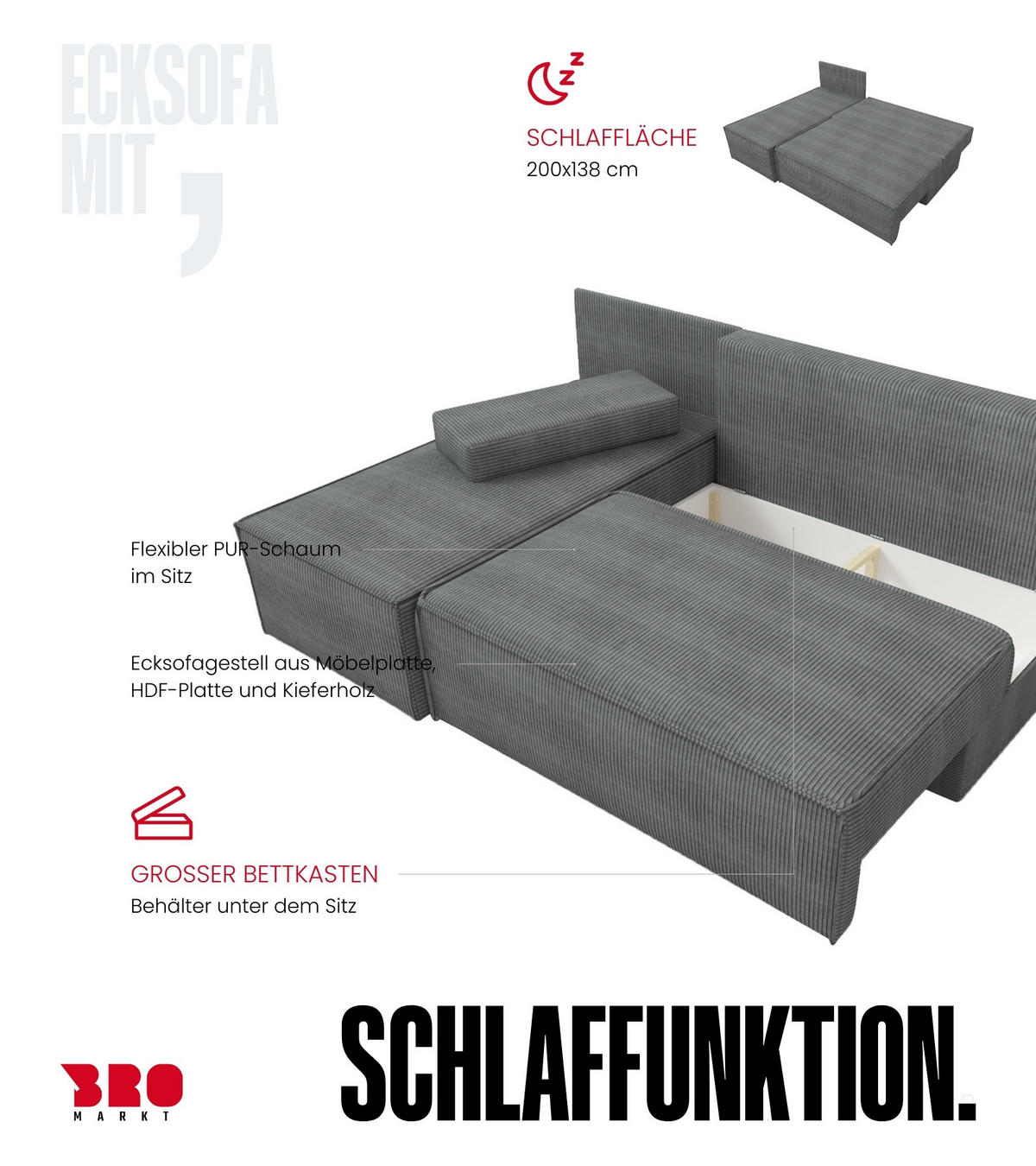 ECKSOFA Caspar mit Schlaffunktion Grün Cord - Grün, Textil (200/141cm) - Bromarkt