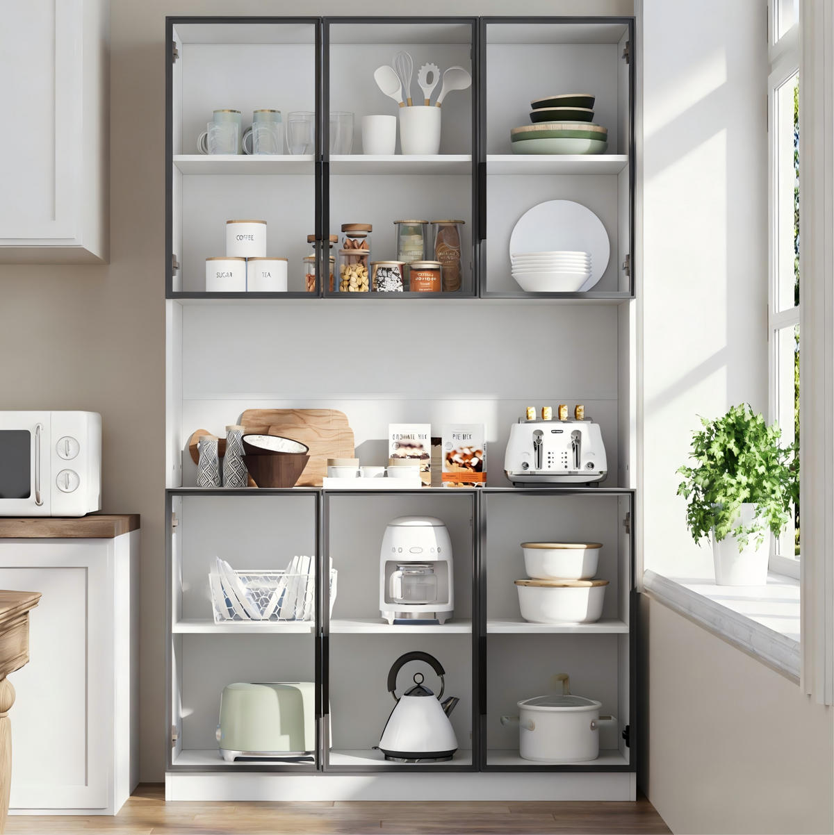 VITRINE 120/34/200 cm in Weiß mit 6 Glastüren und LED-Beleuchtung - Weiß, Holzwerkstoff (120/200/34cm) - Flora Grace